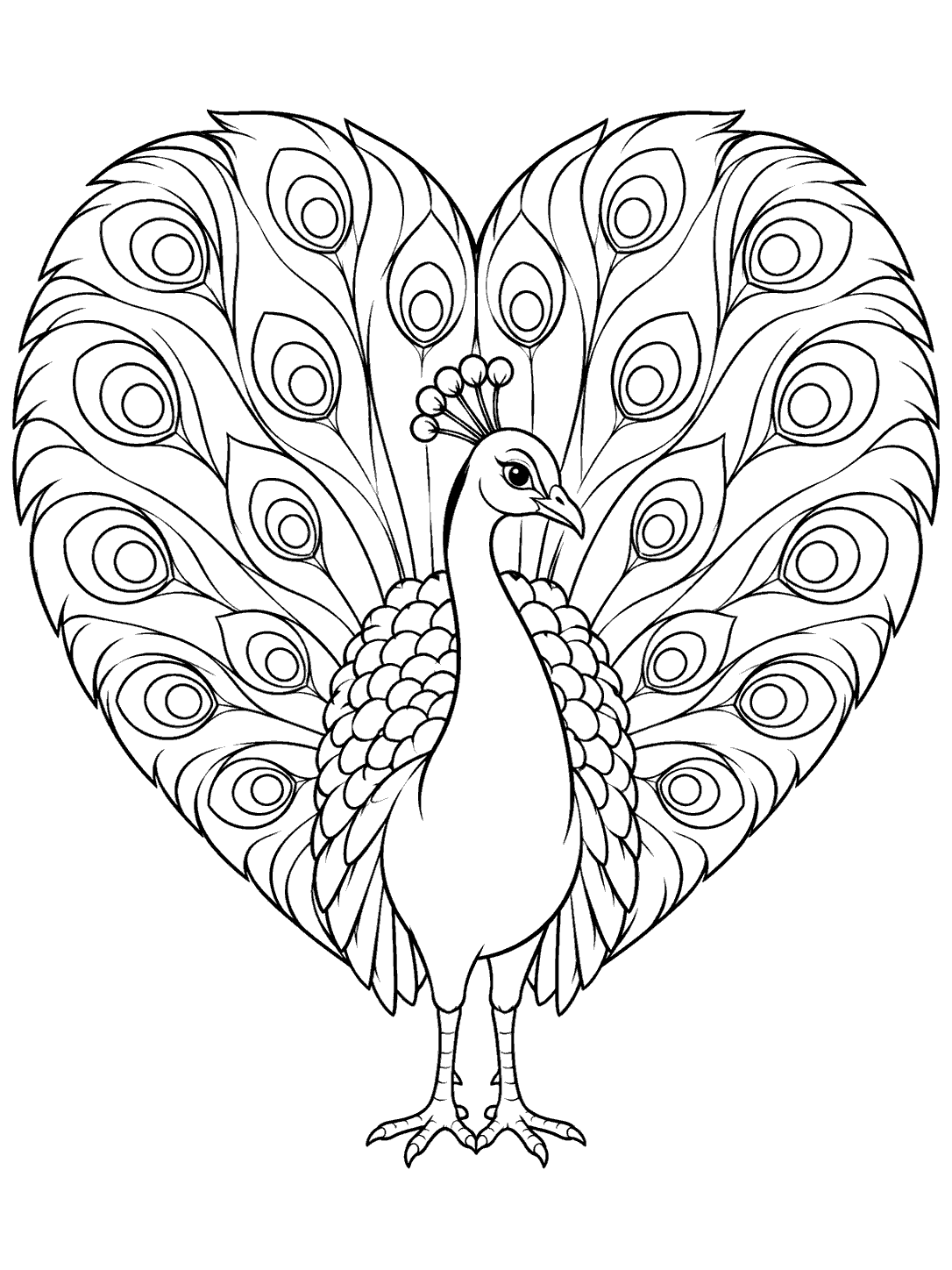 A centered peacock with a heart-shaped tail fan, divided feathers, eye spots, and visible feet.