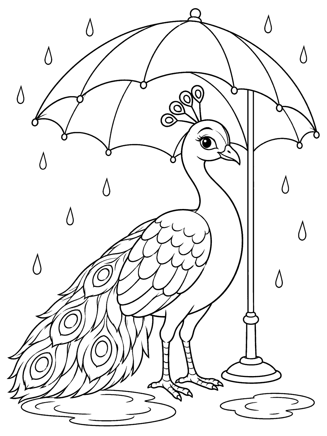 Black-and-white coloring page showing a peacock with a folded, eye-spotted tail beneath a large umbrella, surrounded by raindrops and puddles.