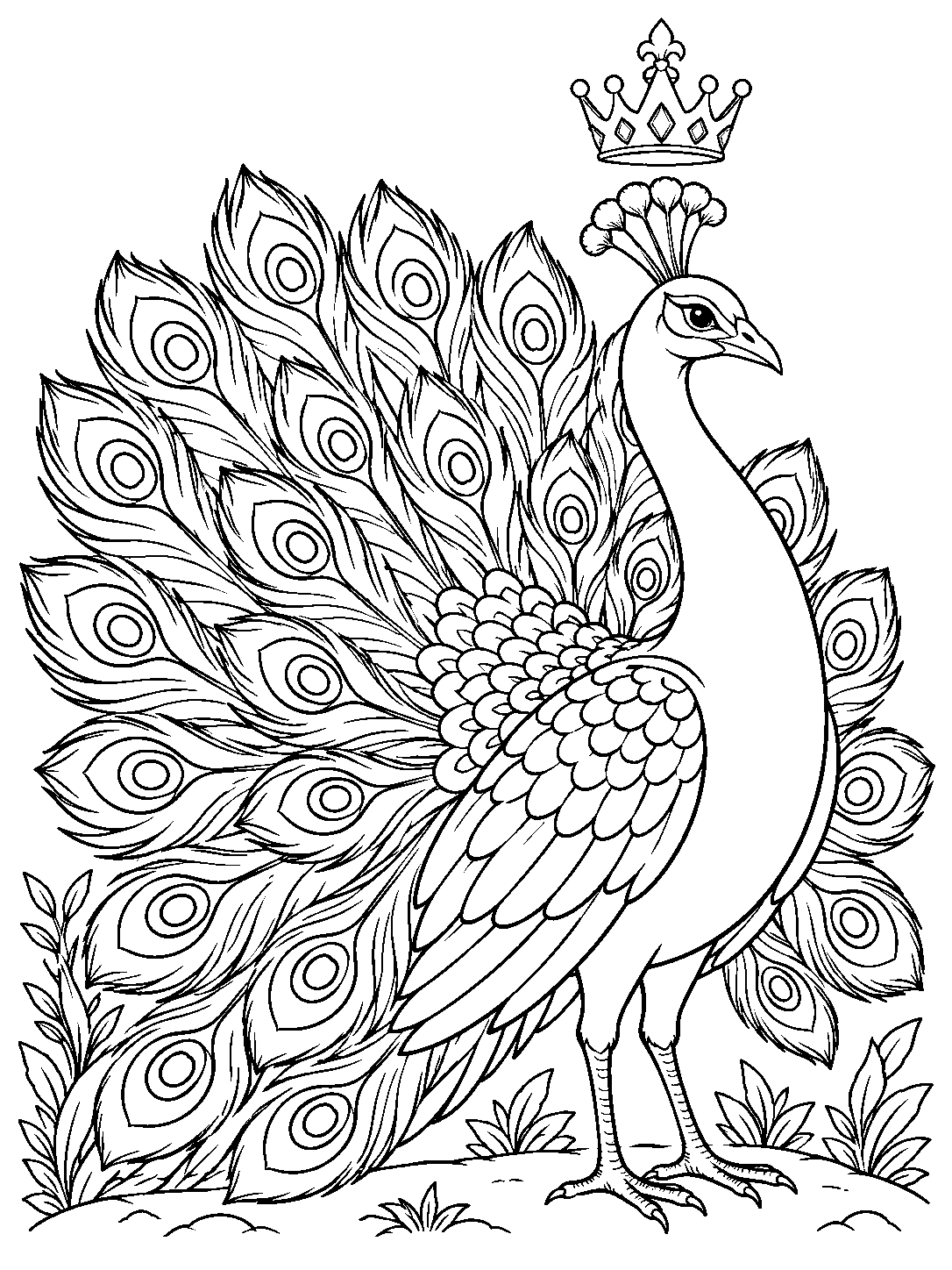 A proud peacock with a partially spread eye-patterned tail and a decorative crown floating above its crest.