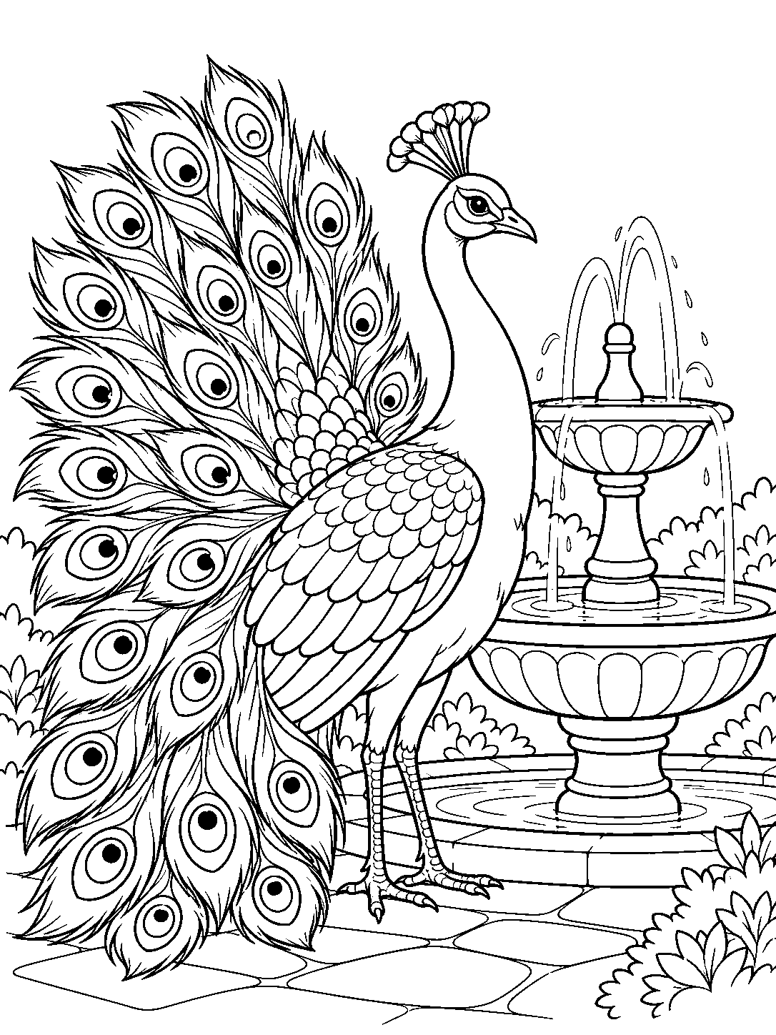 A partly fanned peacock with eye-marked tail feathers beside a two-tier fountain, with water arcs and garden ripples.