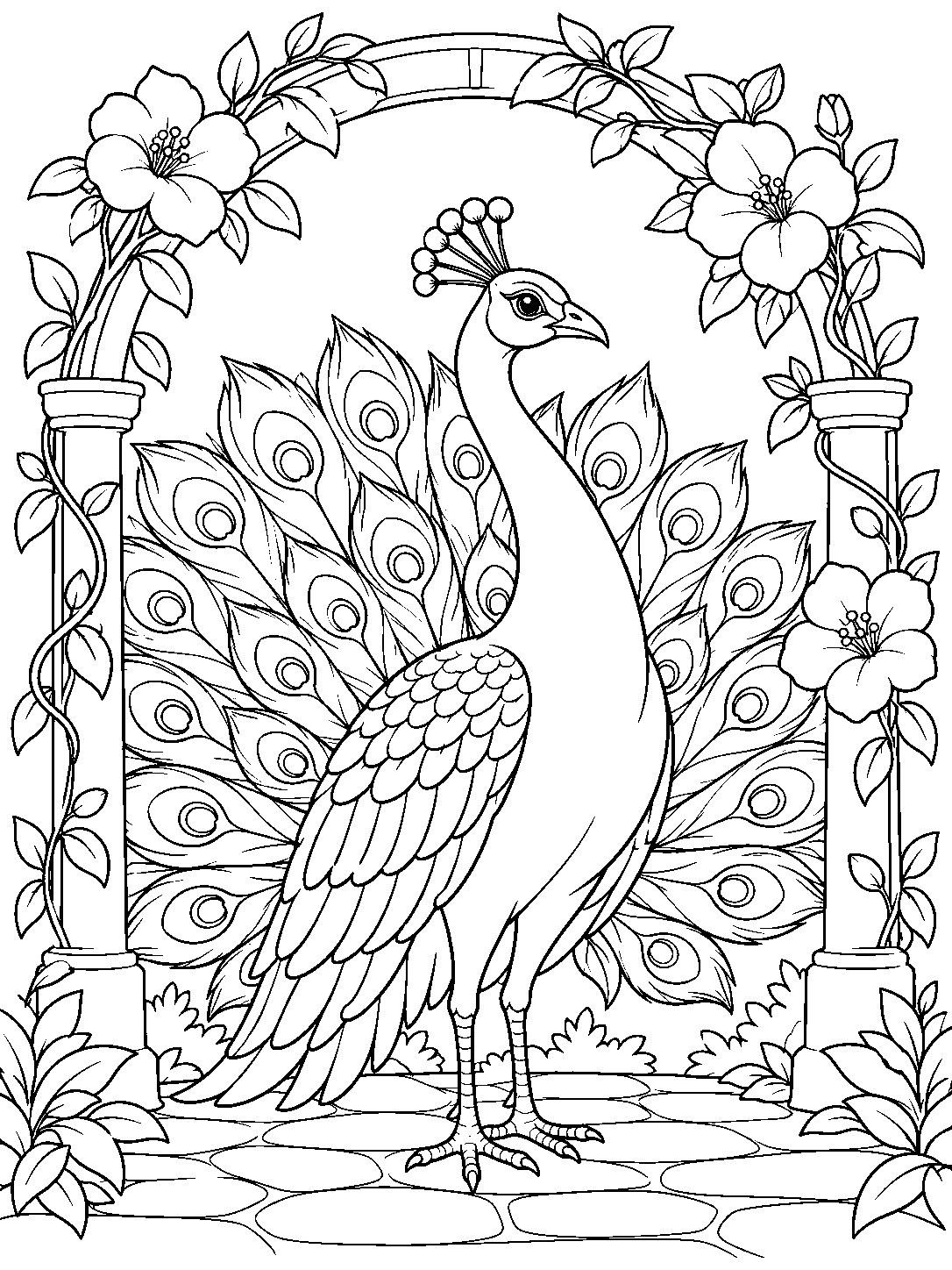 A black-and-white peacock coloring page showing the bird centered beneath a leafy garden arch, with flowers and a fully visible fanned tail.