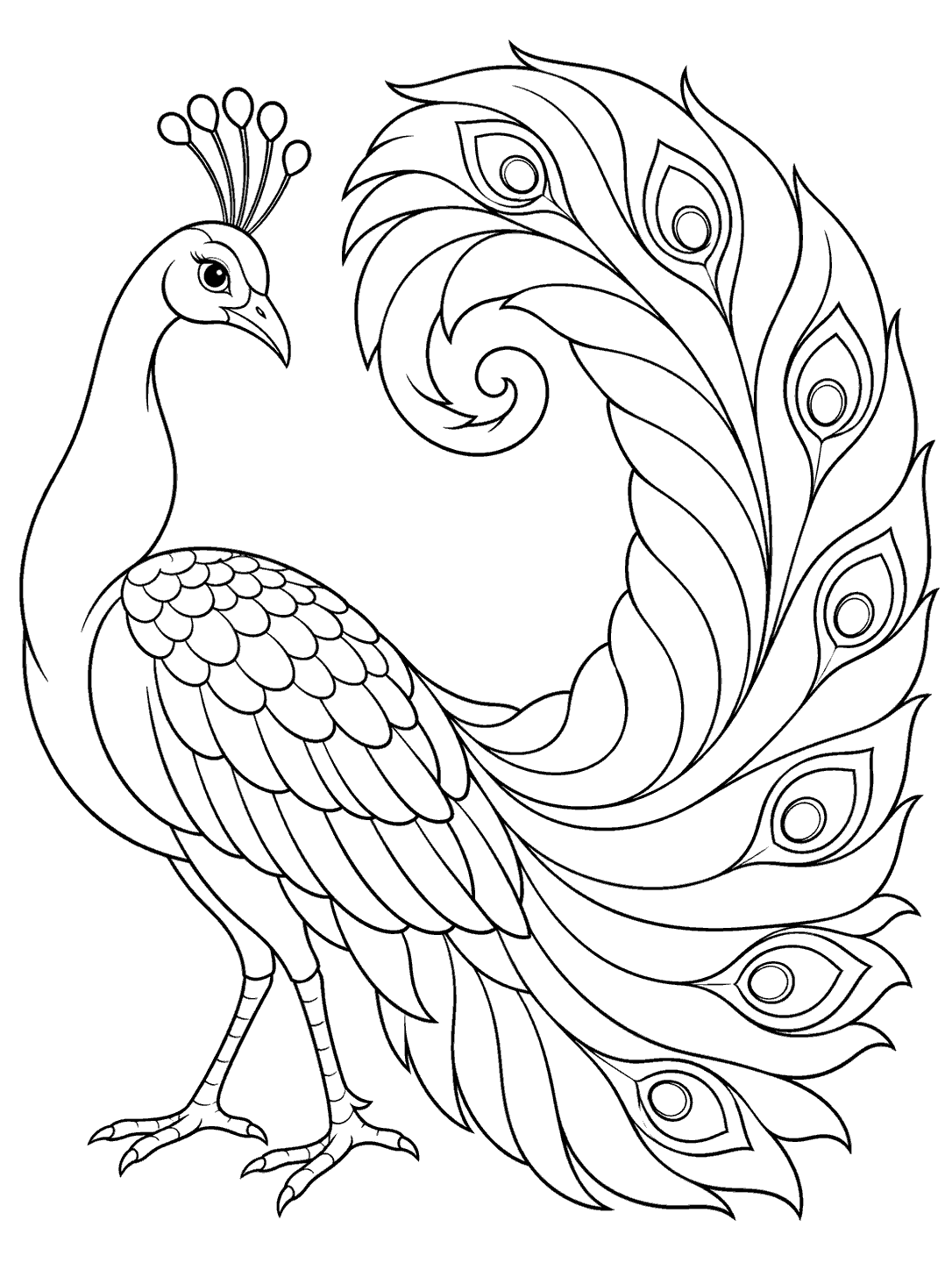 Black-and-white coloring page of a profile peacock with a large curled spiral tail and feather eye motifs.
