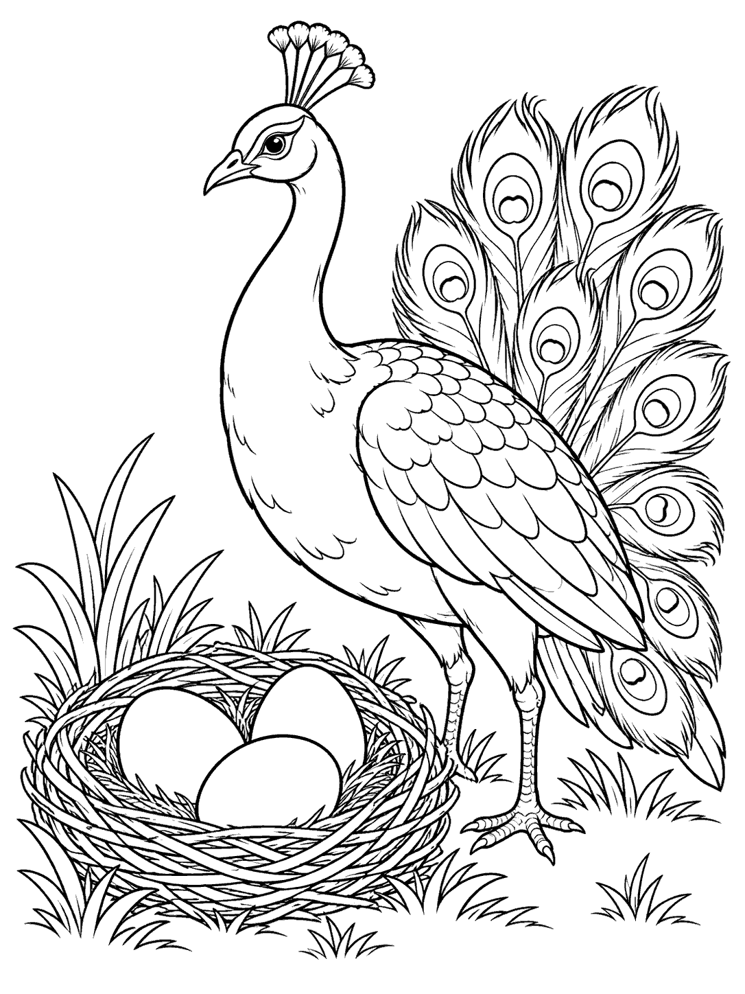 Peacock with a modest tail fan standing beside a woven nest containing three eggs