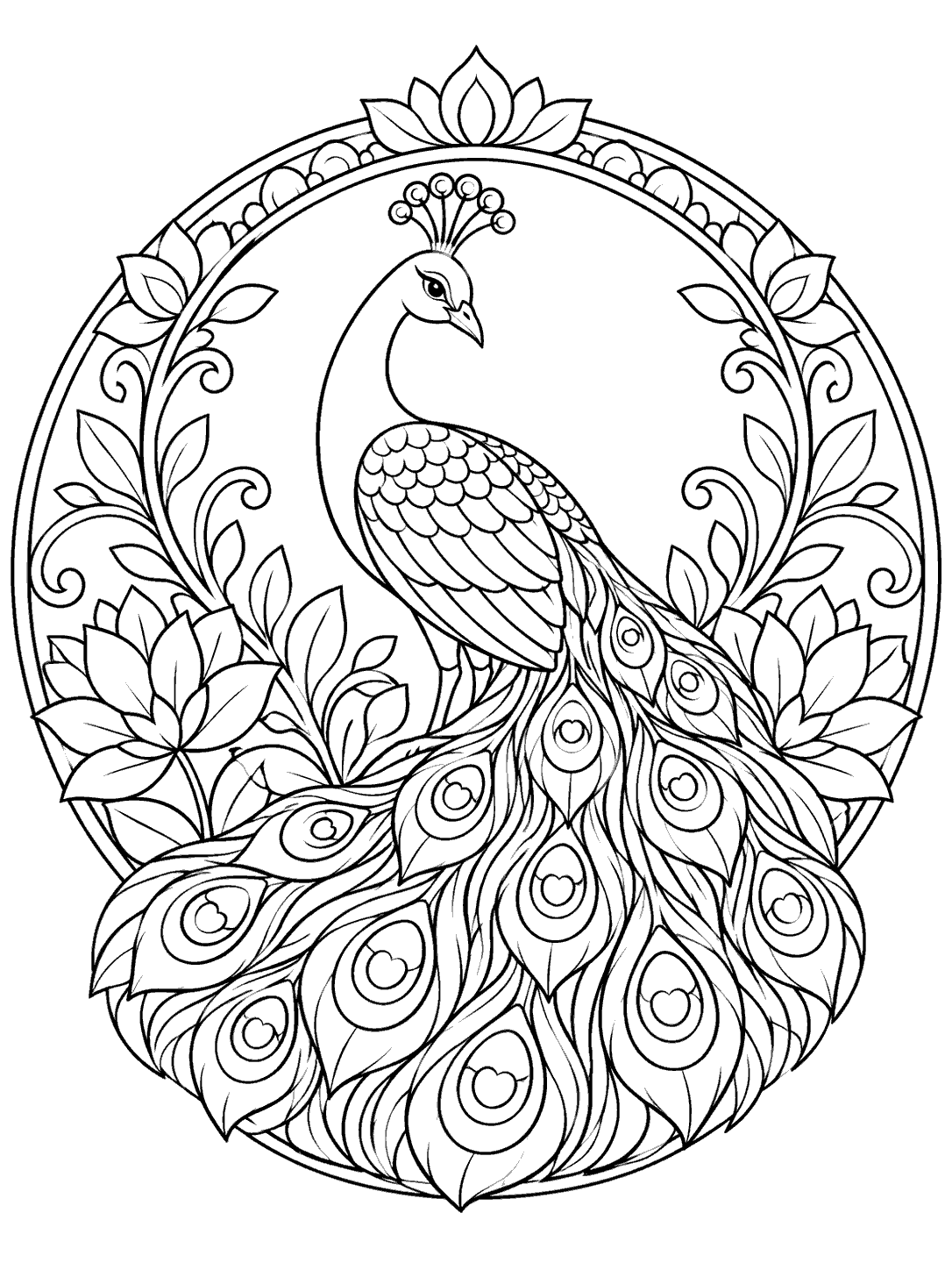 Black-line coloring page showing a peacock with a sweeping eye-spotted tail framed by a circular floral border.