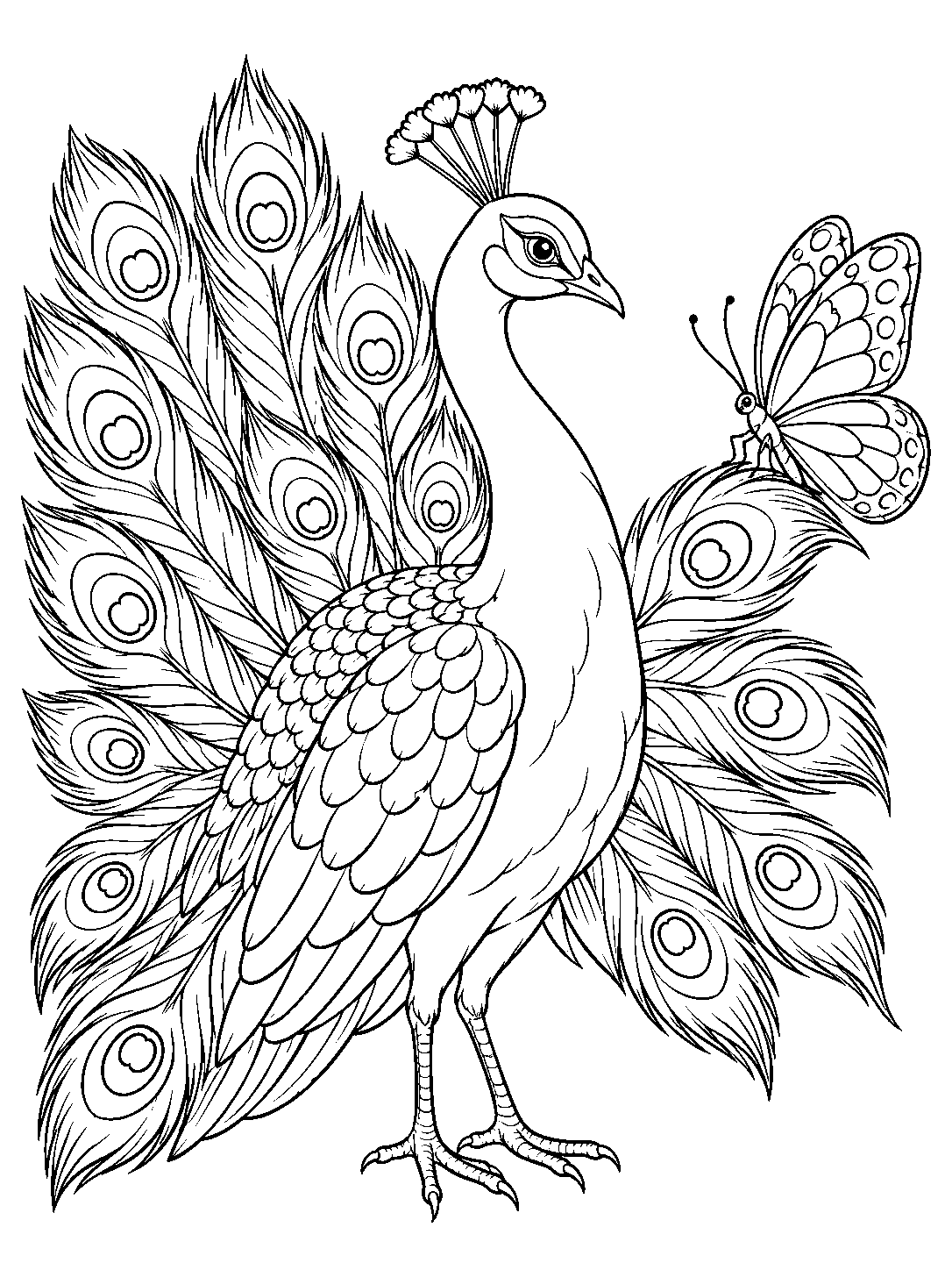 Black-and-white coloring page showing a crested peacock with a partly open tail and one large patterned butterfly perched on a side feather.