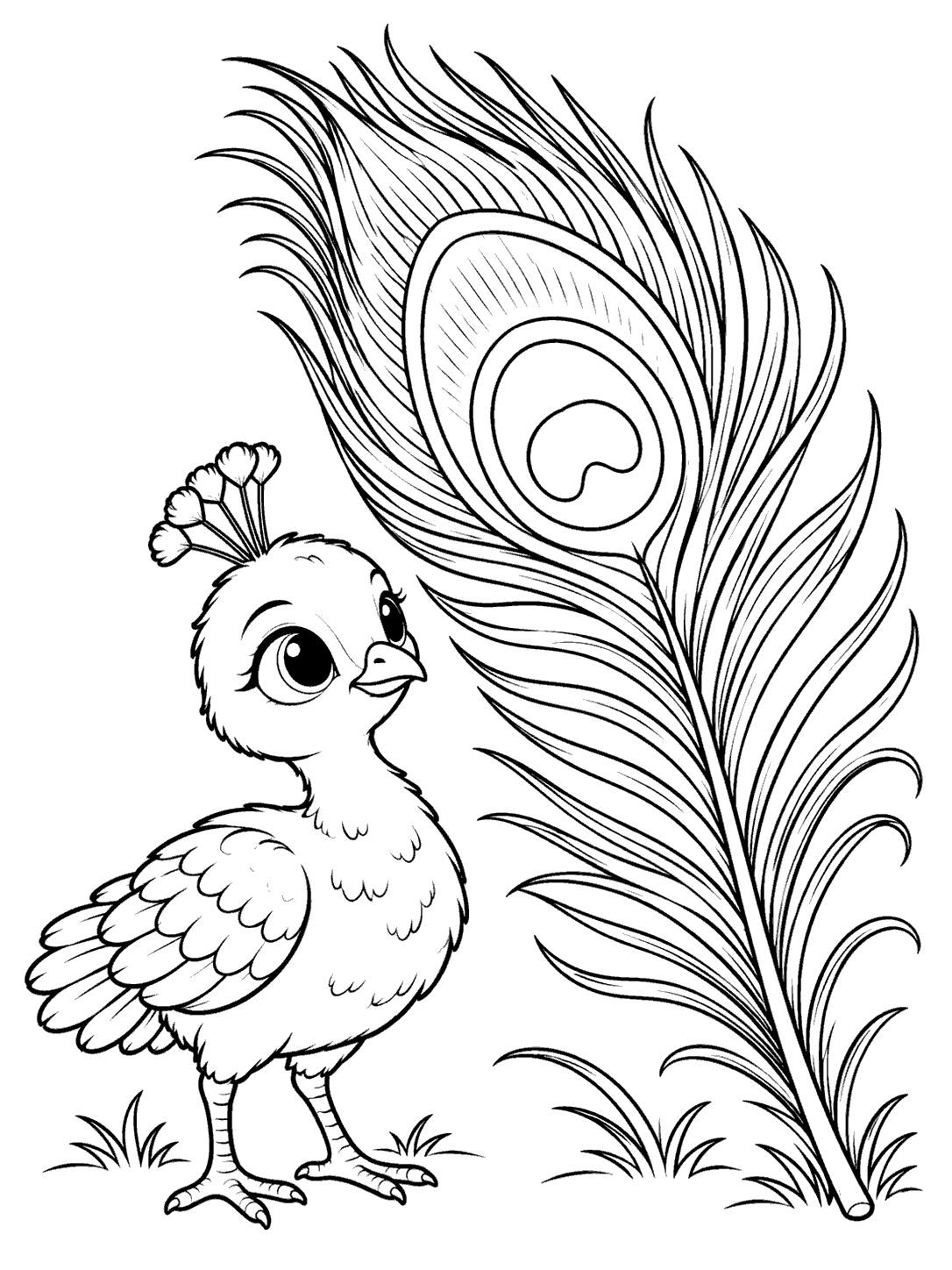 A crested peacock chick beside a large feather with a prominent eye pattern