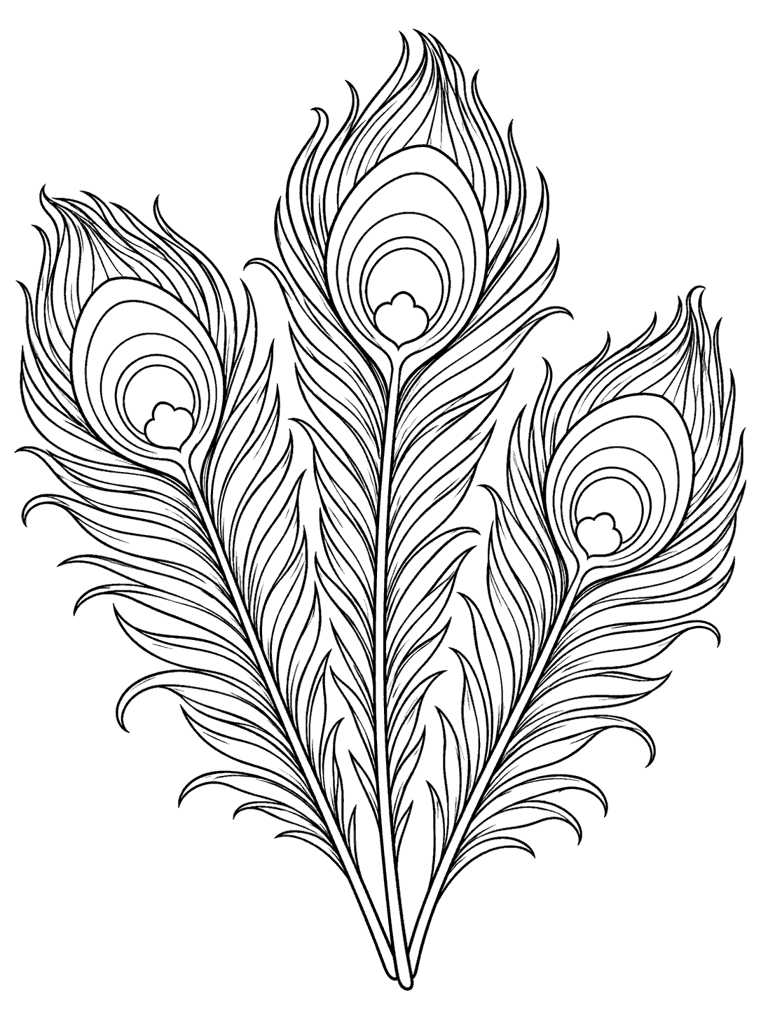 Three detailed peacock feathers with eye-shaped tips arranged in a gentle fan