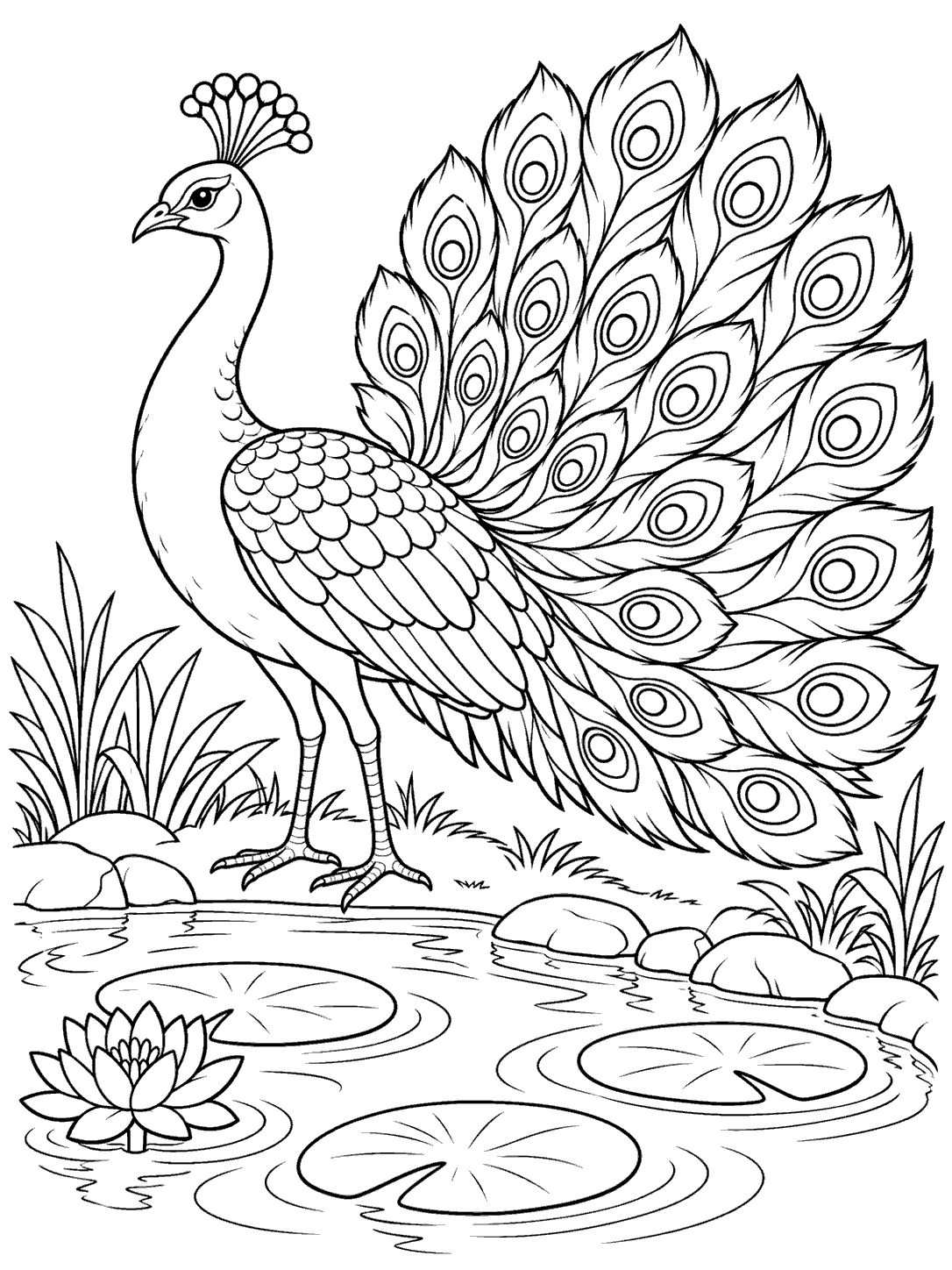 Black-and-white peacock coloring page showing a peacock with a partly fanned tail beside a pond with three lily pads, a water lily, and ripples.
