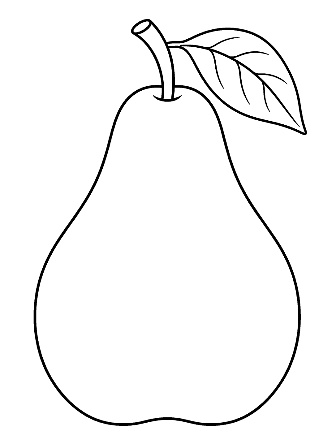 Classic pear coloring page showing a large outlined pear with a curved stem and leaf.