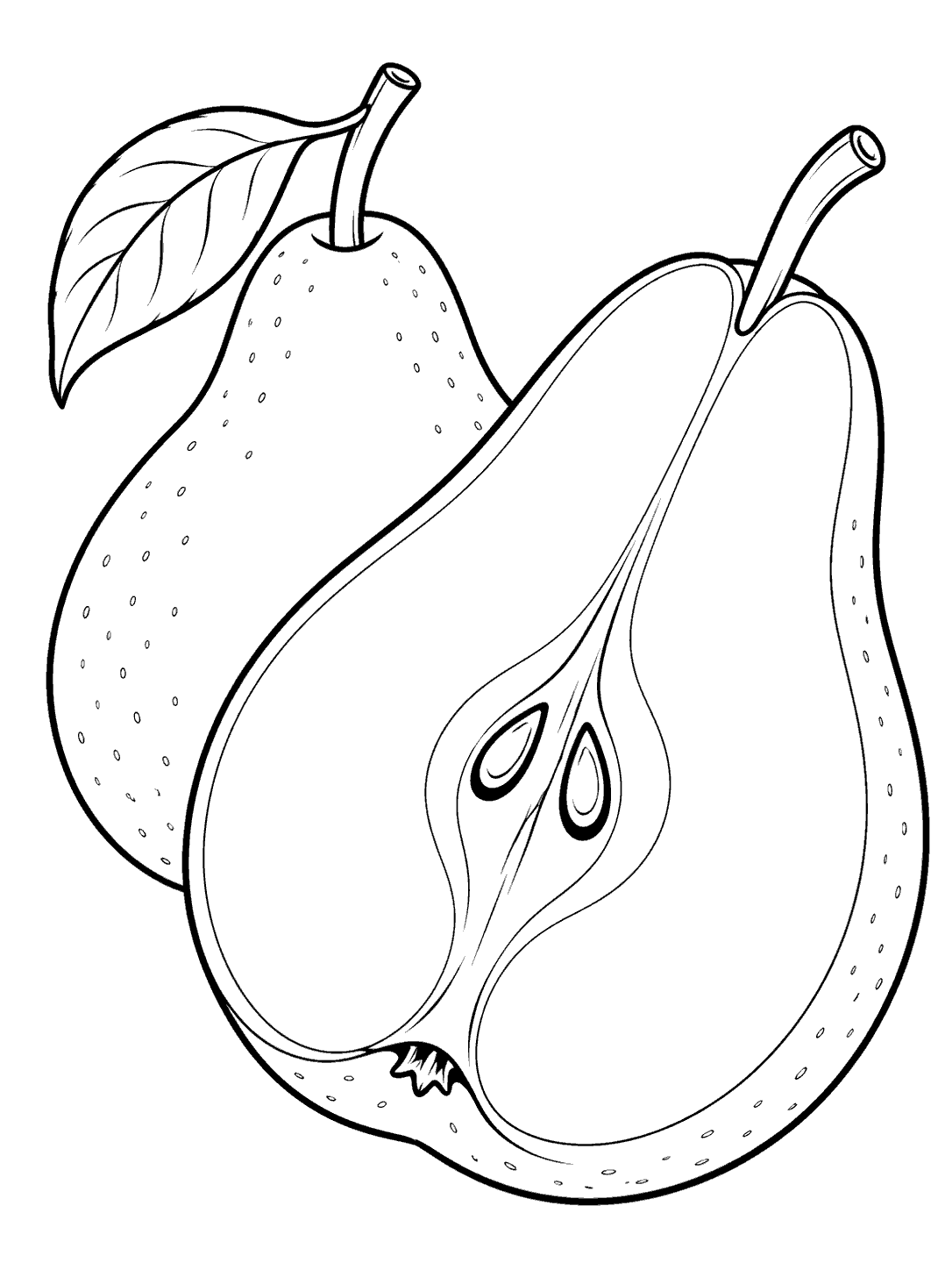 Black-and-white pear half with two visible seeds and a whole pear behind it, arranged as a coloring page.