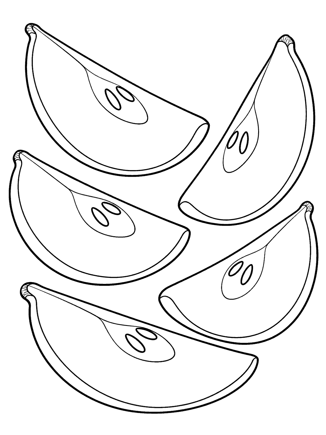 Five distinct pear wedges arranged in a loose fan as a black-and-white coloring page.