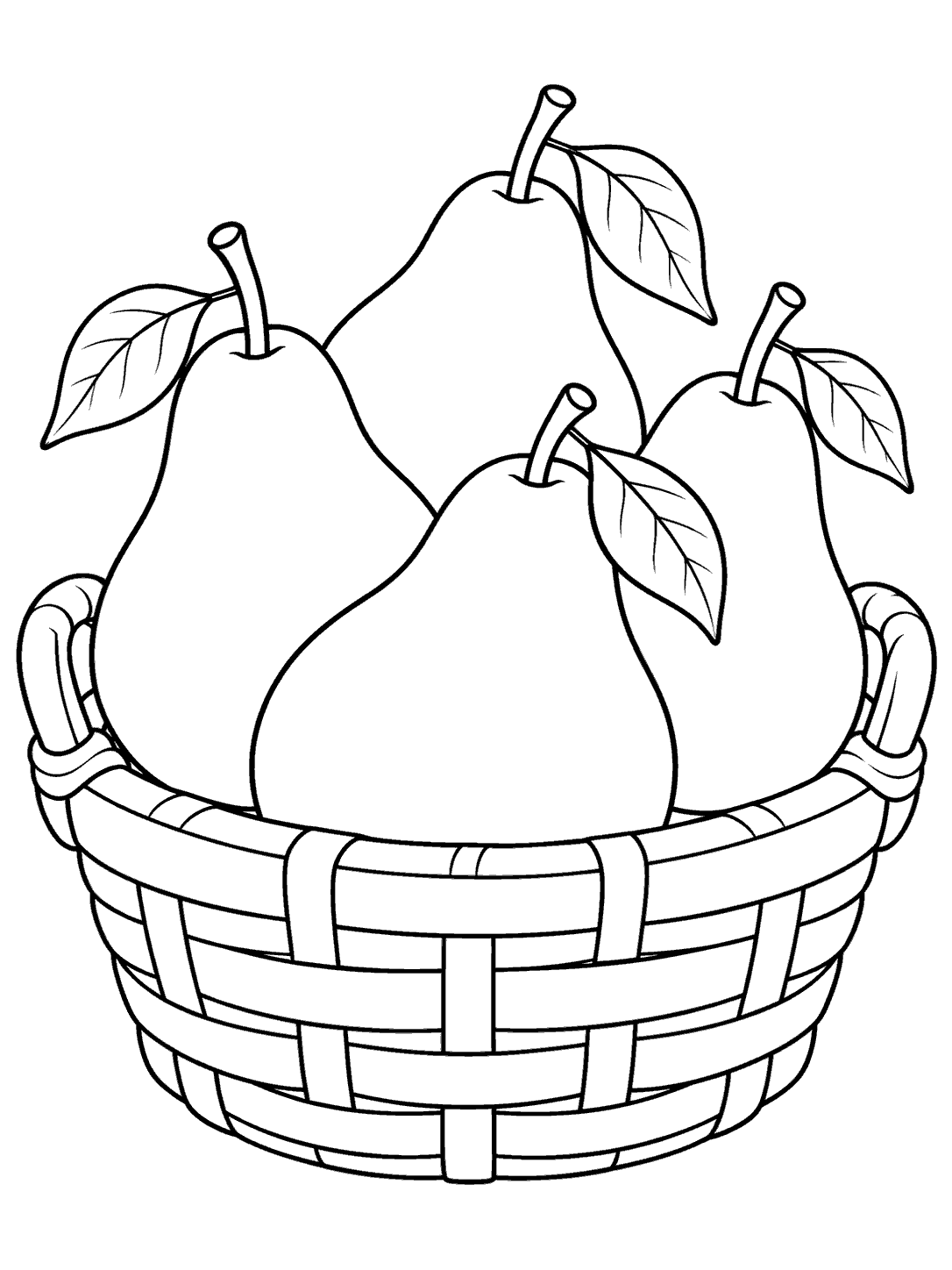 Black and white coloring page showing four pears with leaves in a shallow handled woven basket.