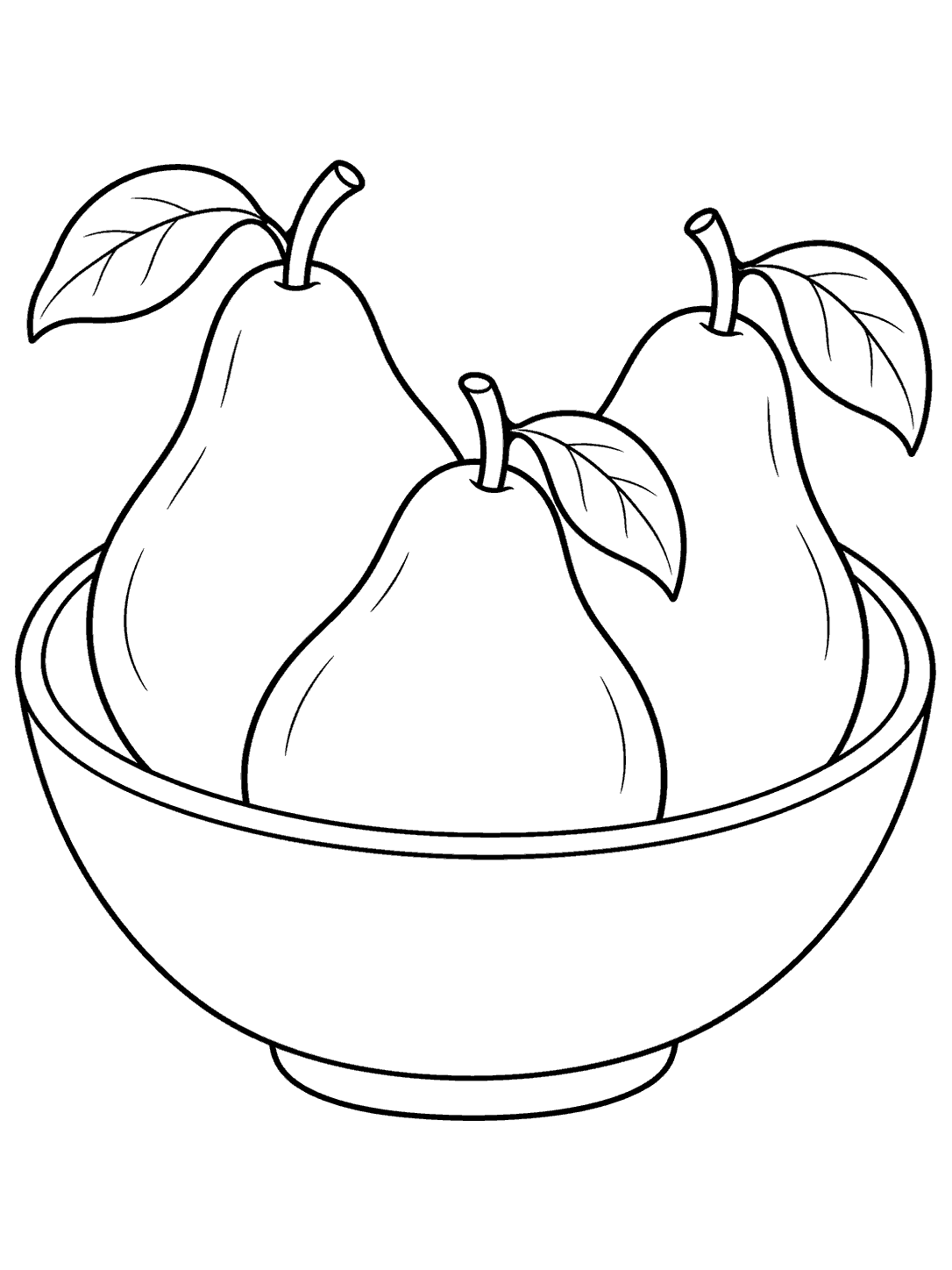 Three pears with leaves in a wide bowl, outlined as a coloring page.