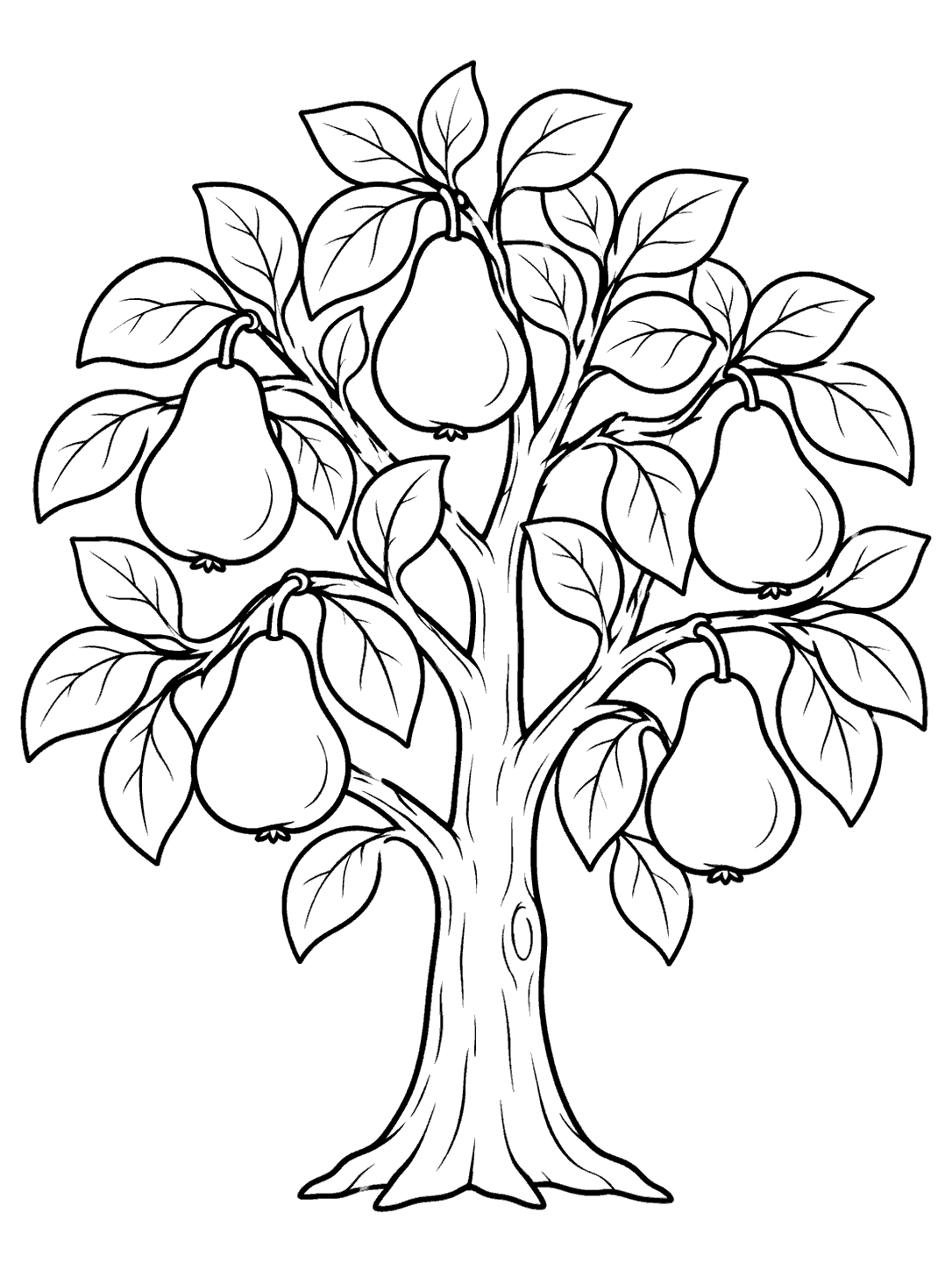 Black and white pear tree coloring page with five pears, a trunk, and broad leaves.