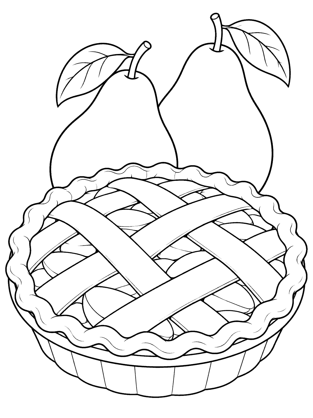 Black outline coloring page of a round lattice pie with two whole pears