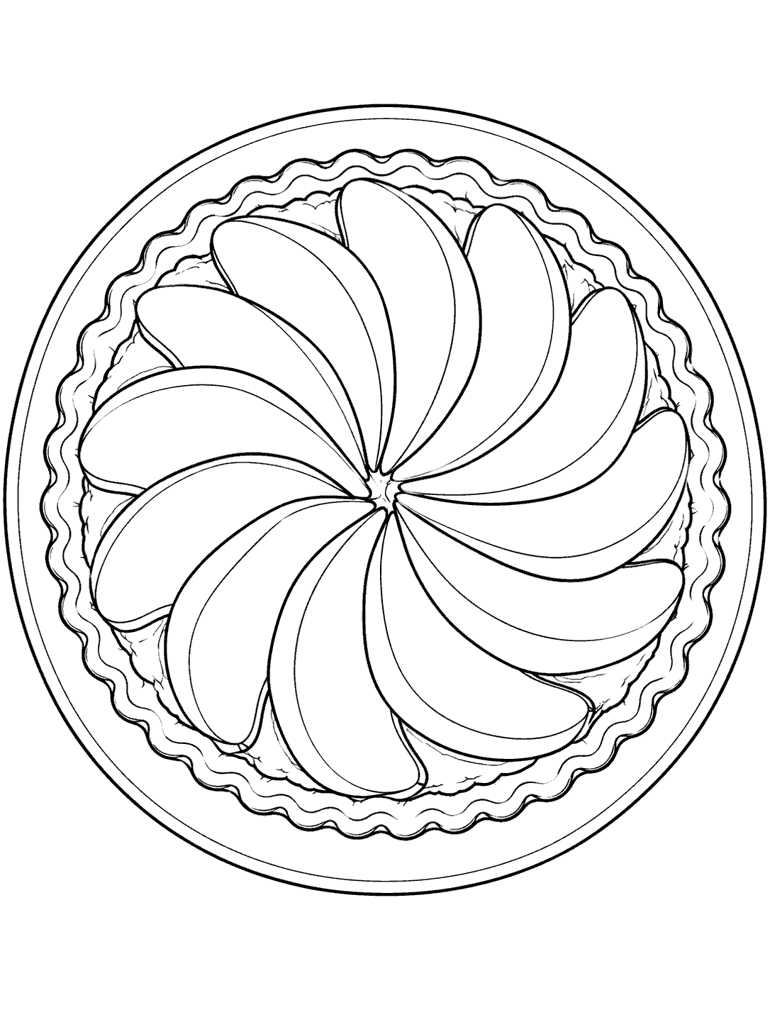 Black and white coloring page of a round pear tart topped with broad slices arranged in a circular fan.