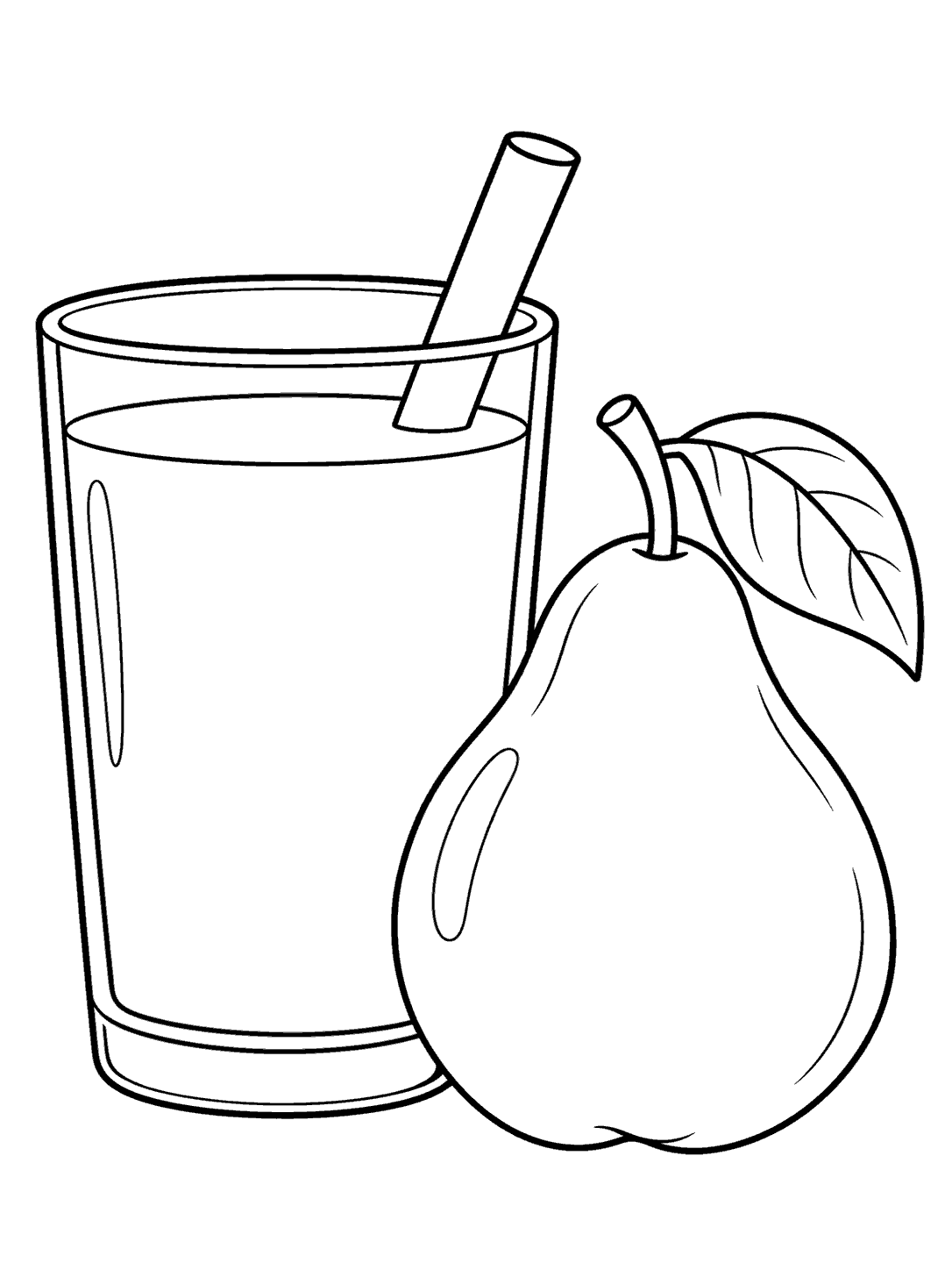 Black outline coloring page of a tall glass of juice with a straw beside a whole pear and leaf