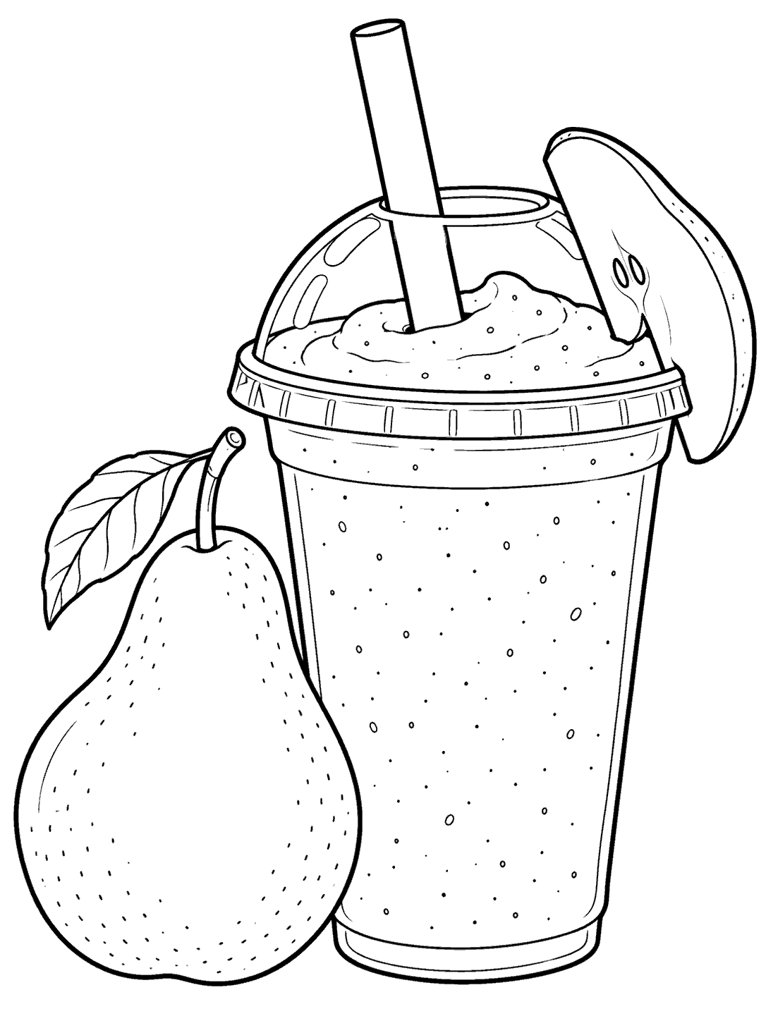Black-and-white pear smoothie coloring page with a lidded cup, broad straw, pear slice near the rim, and whole pear beside it.