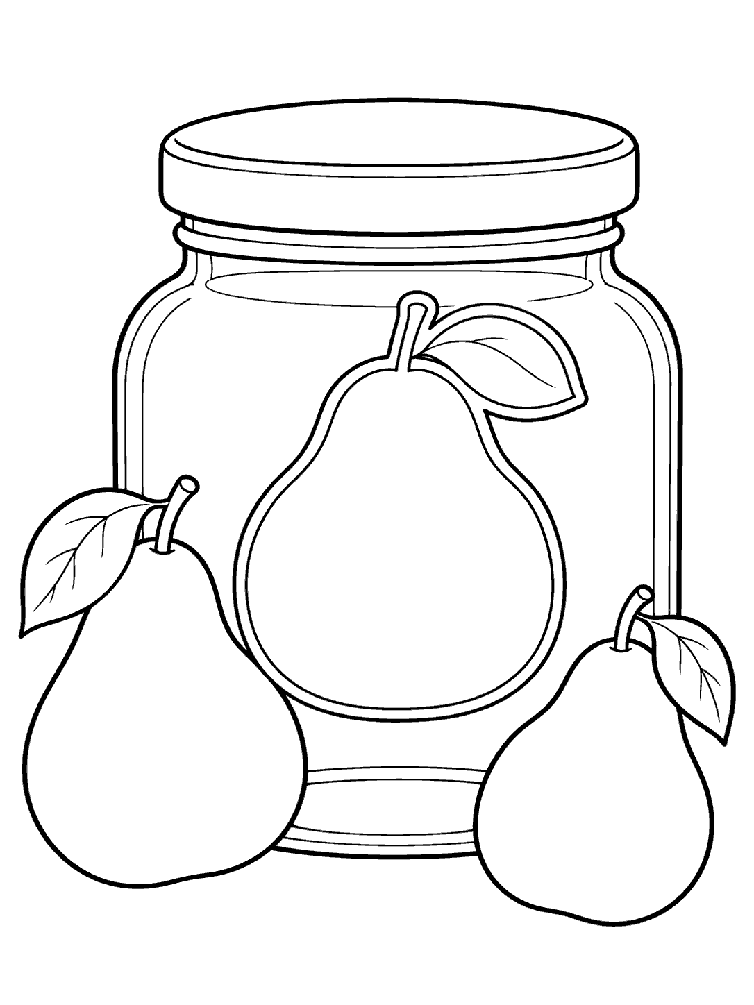 Black outline coloring page of a lidded glass jar with a blank pear-shaped label and two pears beside it.
