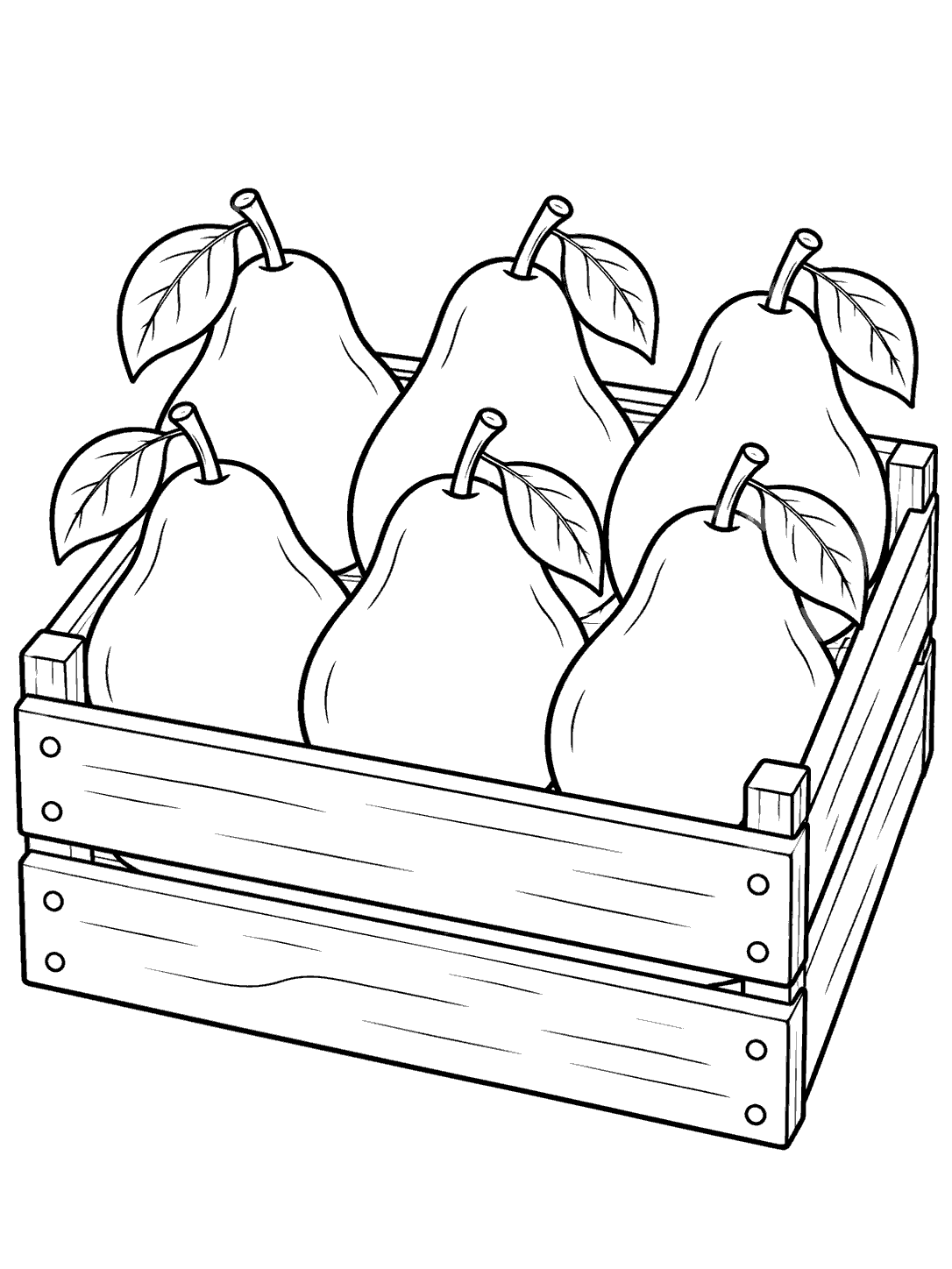Black-and-white coloring page of six pears in an open wooden produce crate