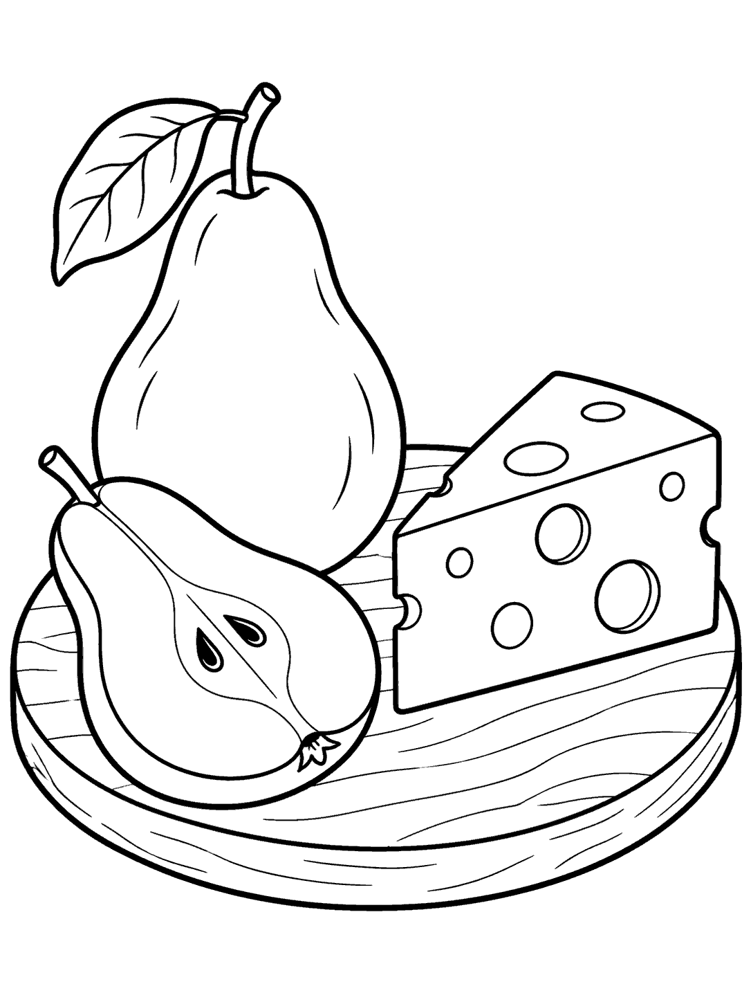 Black and white coloring page of a whole pear, a pear half, and a wedge of holey cheese on a serving board