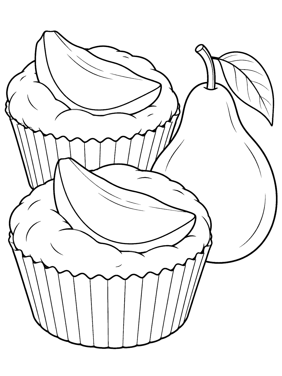 Black-outline coloring page showing two large muffins in fluted paper cups, each topped with a broad pear slice, beside a whole pear.