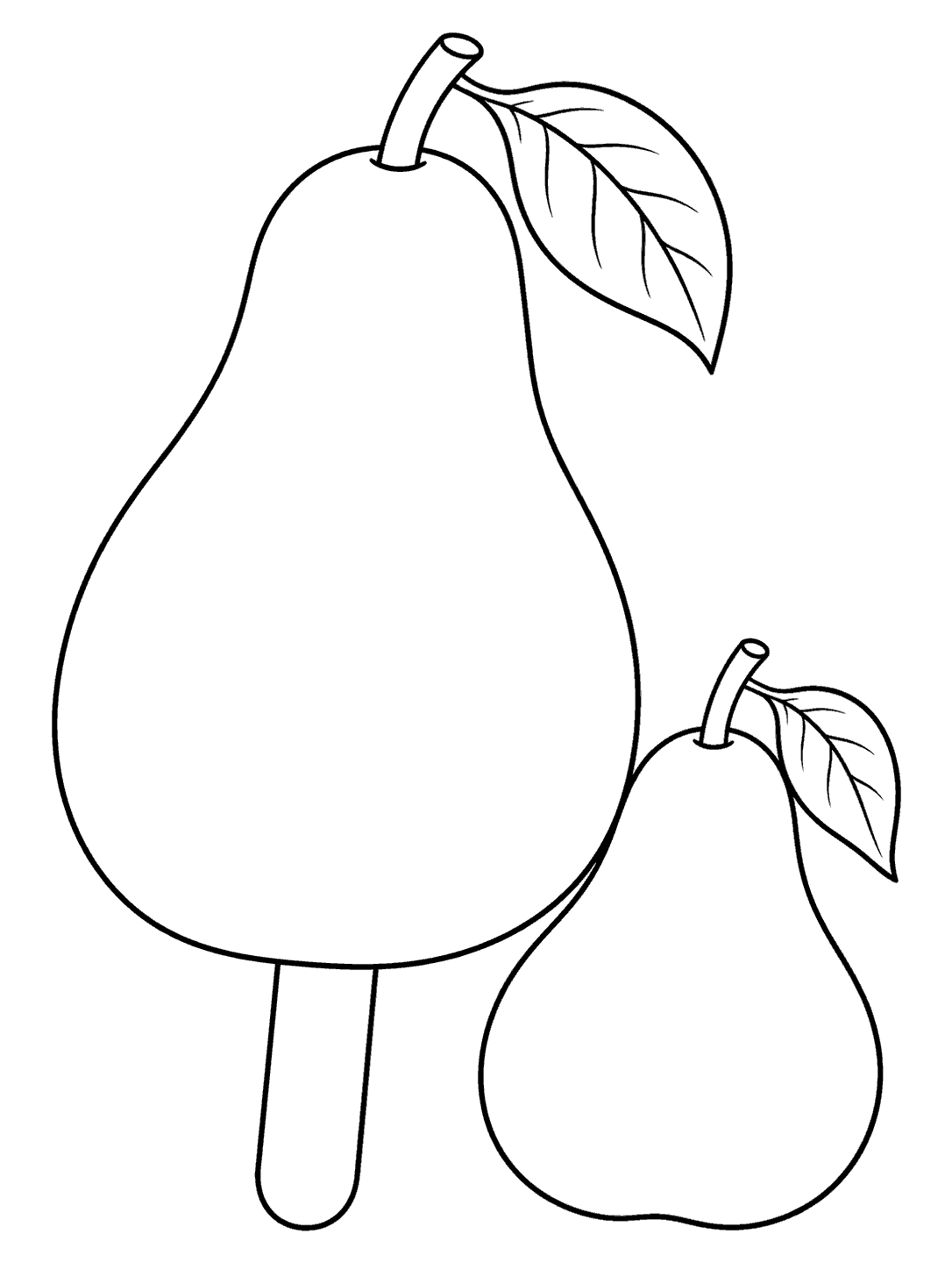 Black outline coloring page showing a large pear-shaped ice pop on a wooden stick beside a small whole pear, both with leaves.