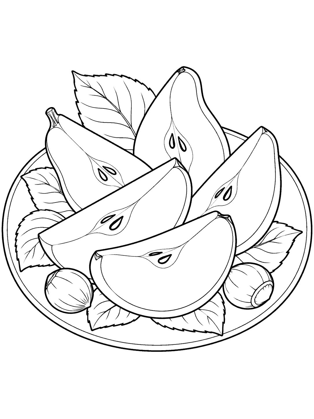 Black-and-white coloring page showing pear slices arranged over leaves on a shallow plate, with two round fruit or nut accents.