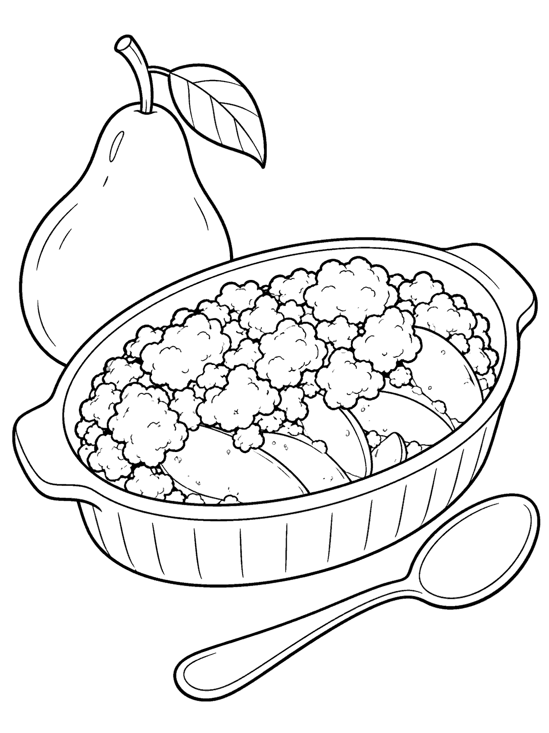 Black-and-white pear crumble coloring page with a baking dish, spoon, and whole pear.