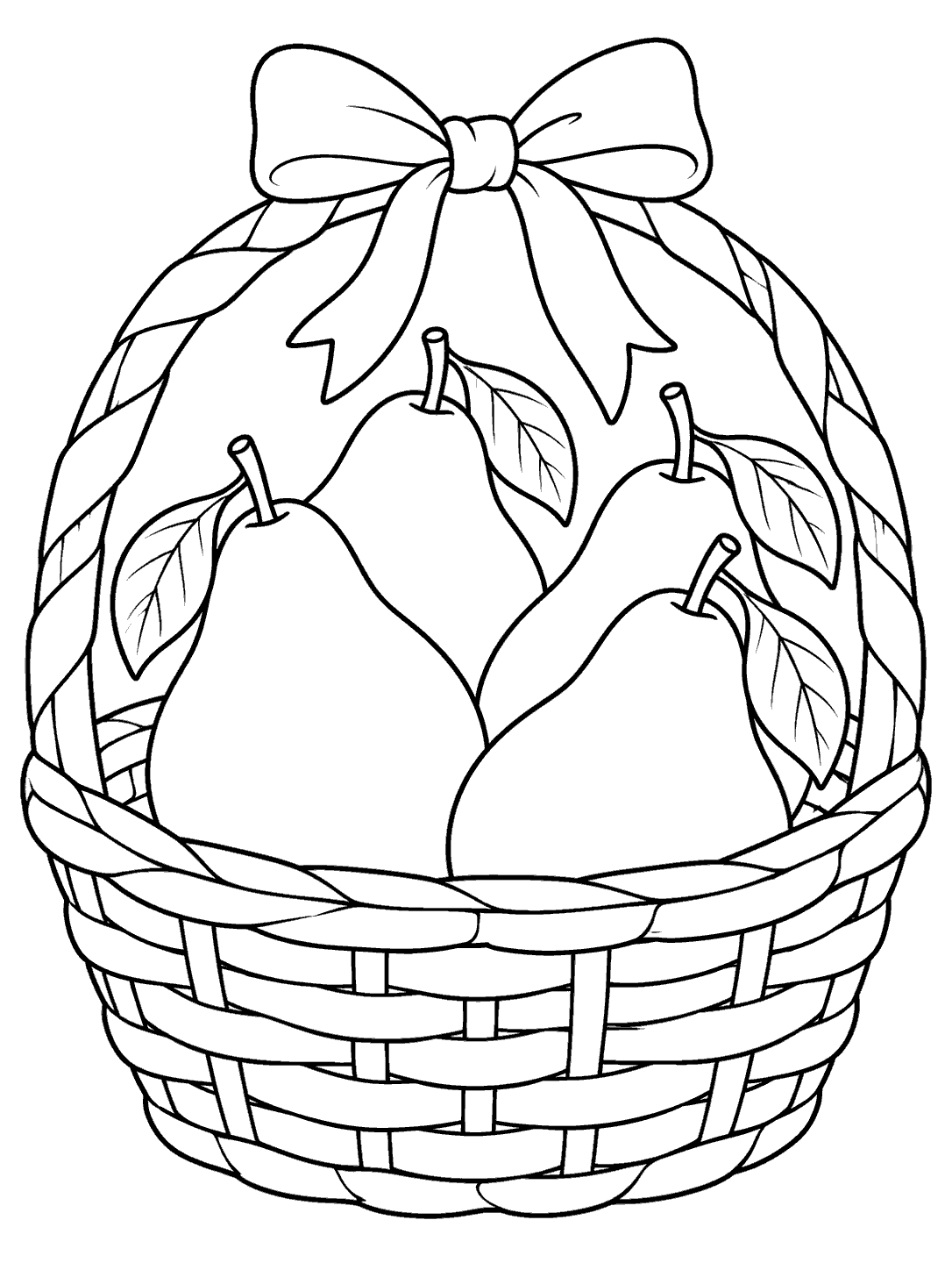 Black-and-white coloring page of four whole pears in a handled woven basket with a large bow.