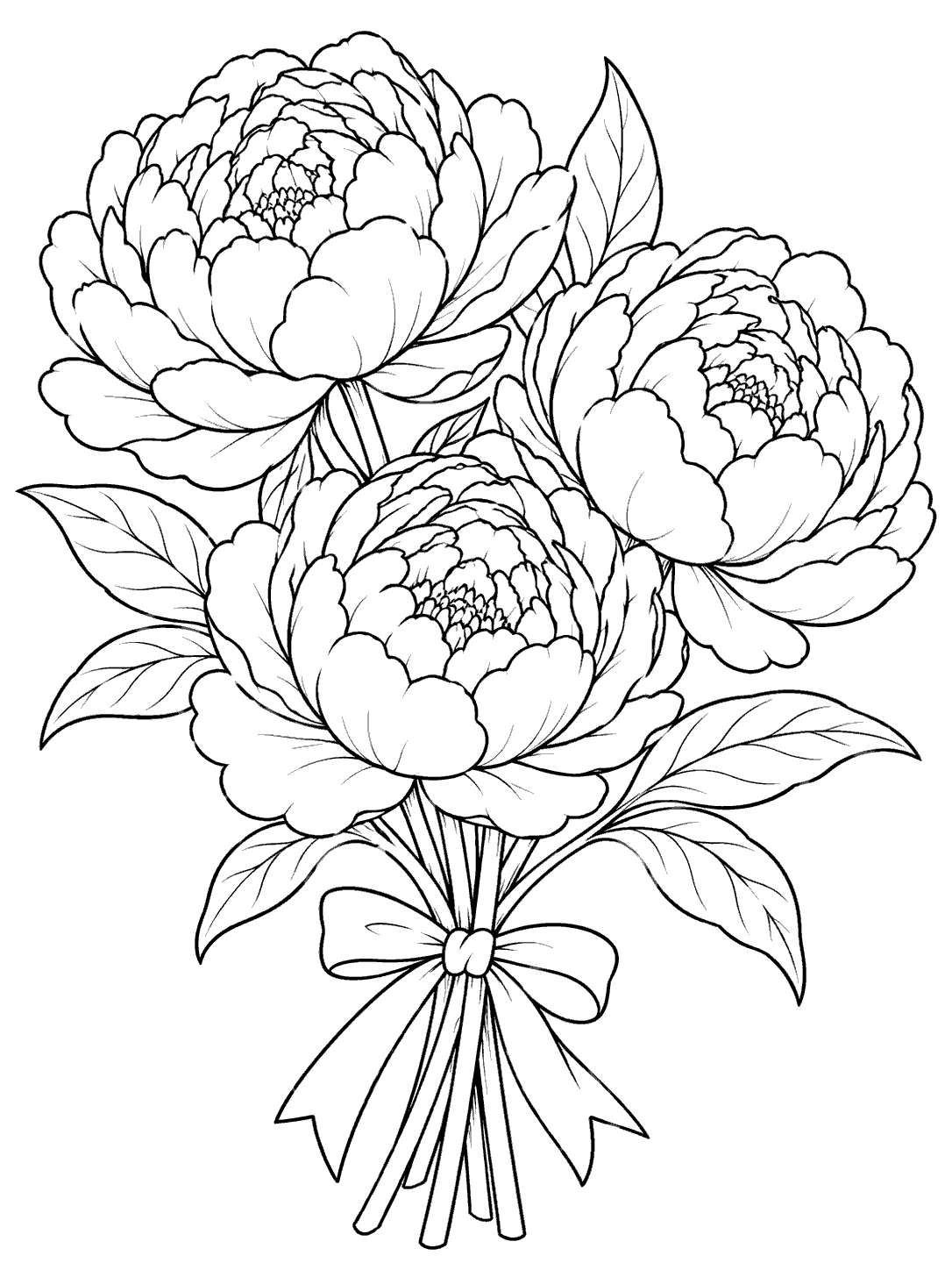 Printable black-and-white coloring page showing three open peonies gathered into a tied bouquet.