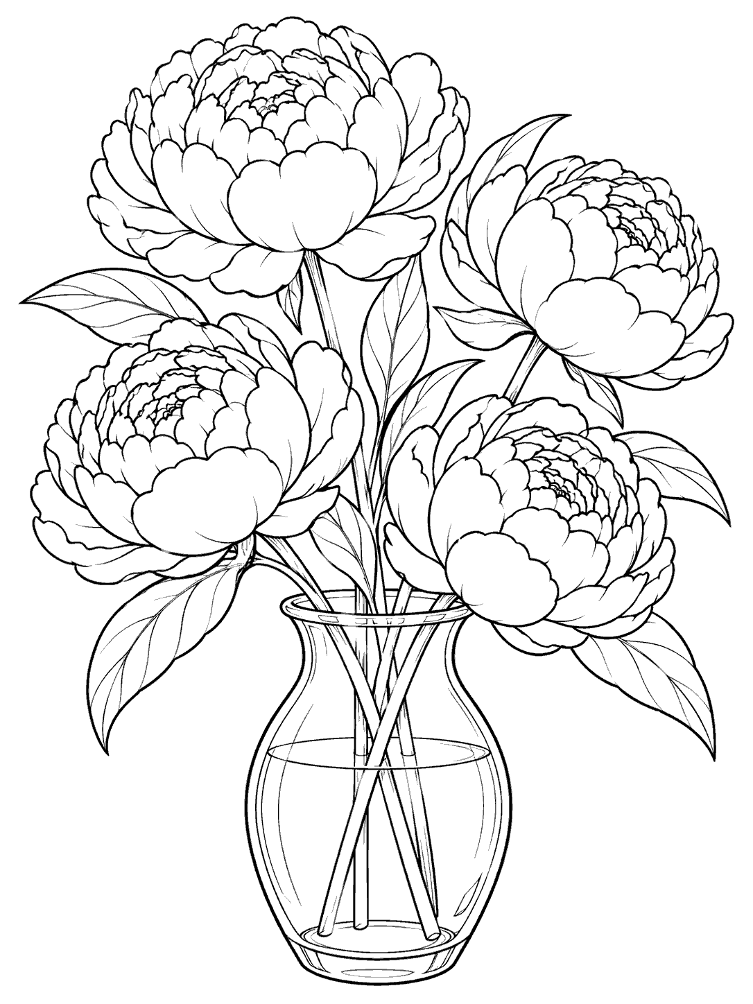 Black and white peony coloring page with four blooms and stems in a glass vase