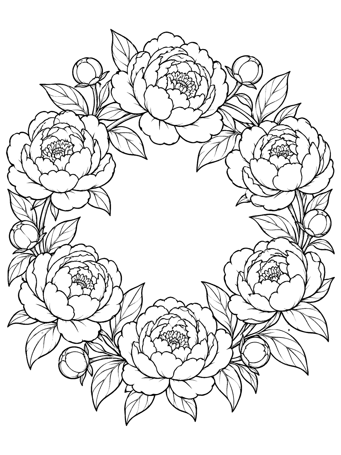 Black outline coloring page of a circular wreath with six peonies, several buds, and broad leaves around an empty center.
