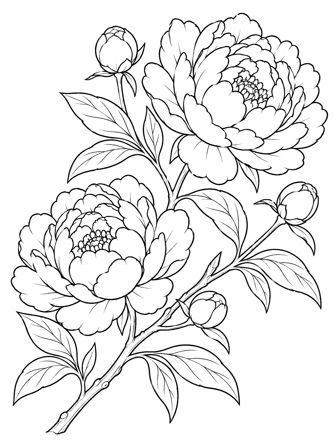 Portrait peony branch coloring page with two large open blossoms, three buds, and paired leaves on a diagonal woody stem.