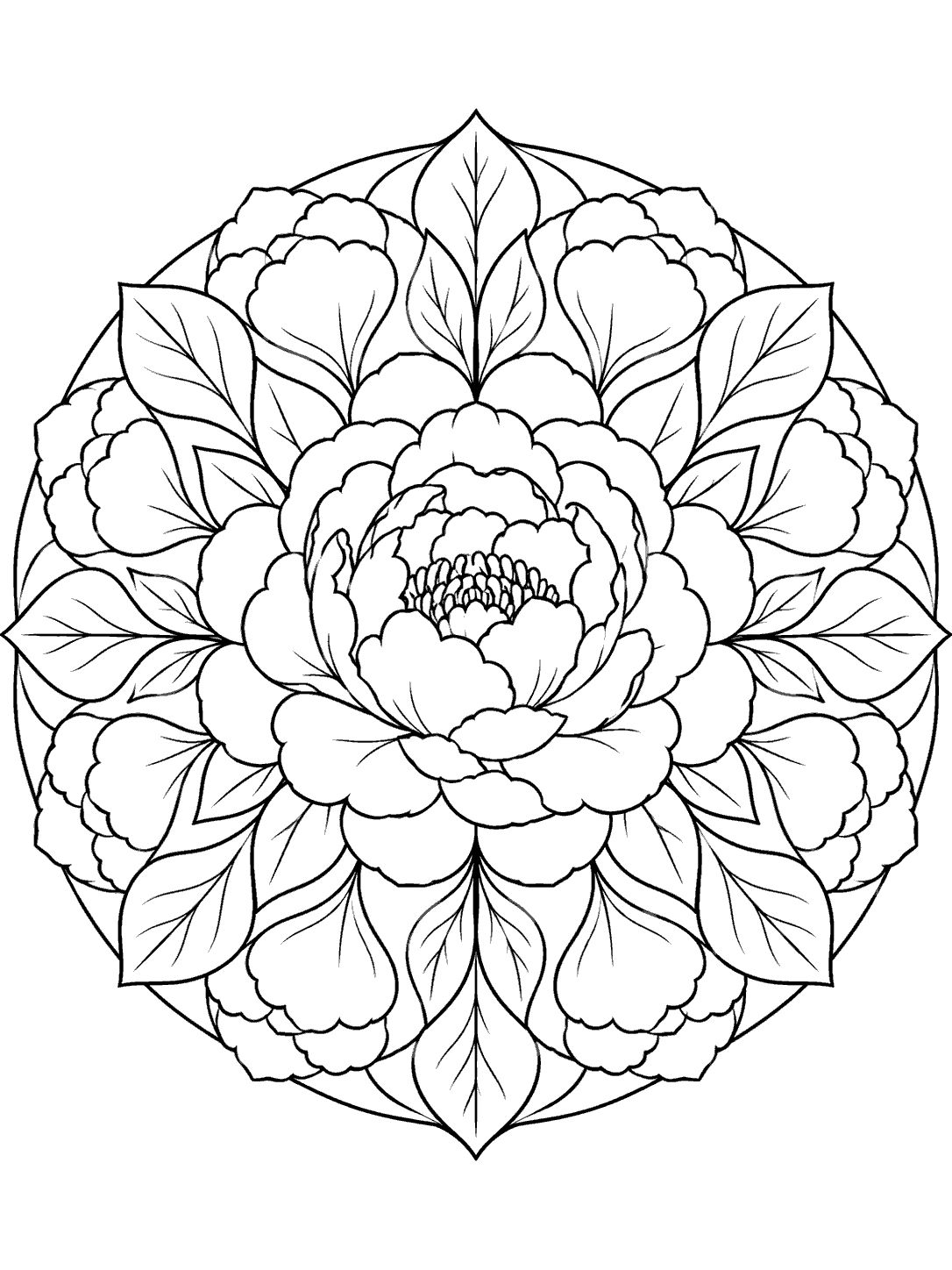 Black and white peony coloring page with a large central bloom surrounded by symmetrical petals and leaves in a circular mandala.