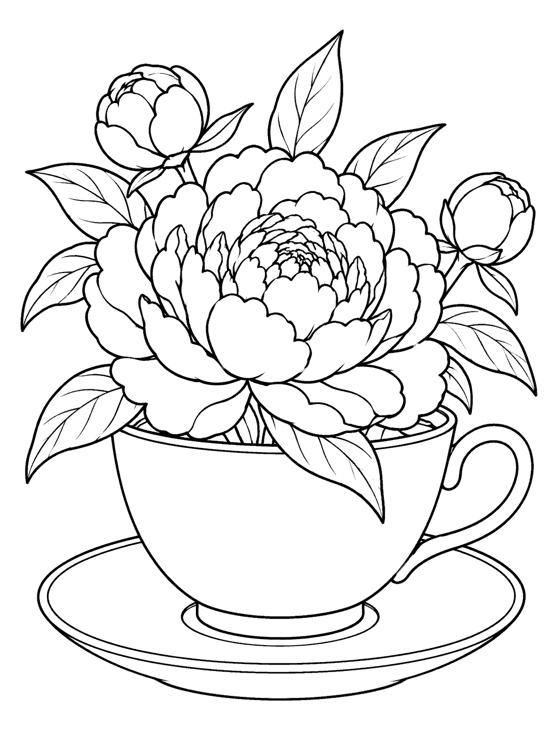 Black outline coloring page of a large peony with two buds and leaves in a teacup on a saucer.