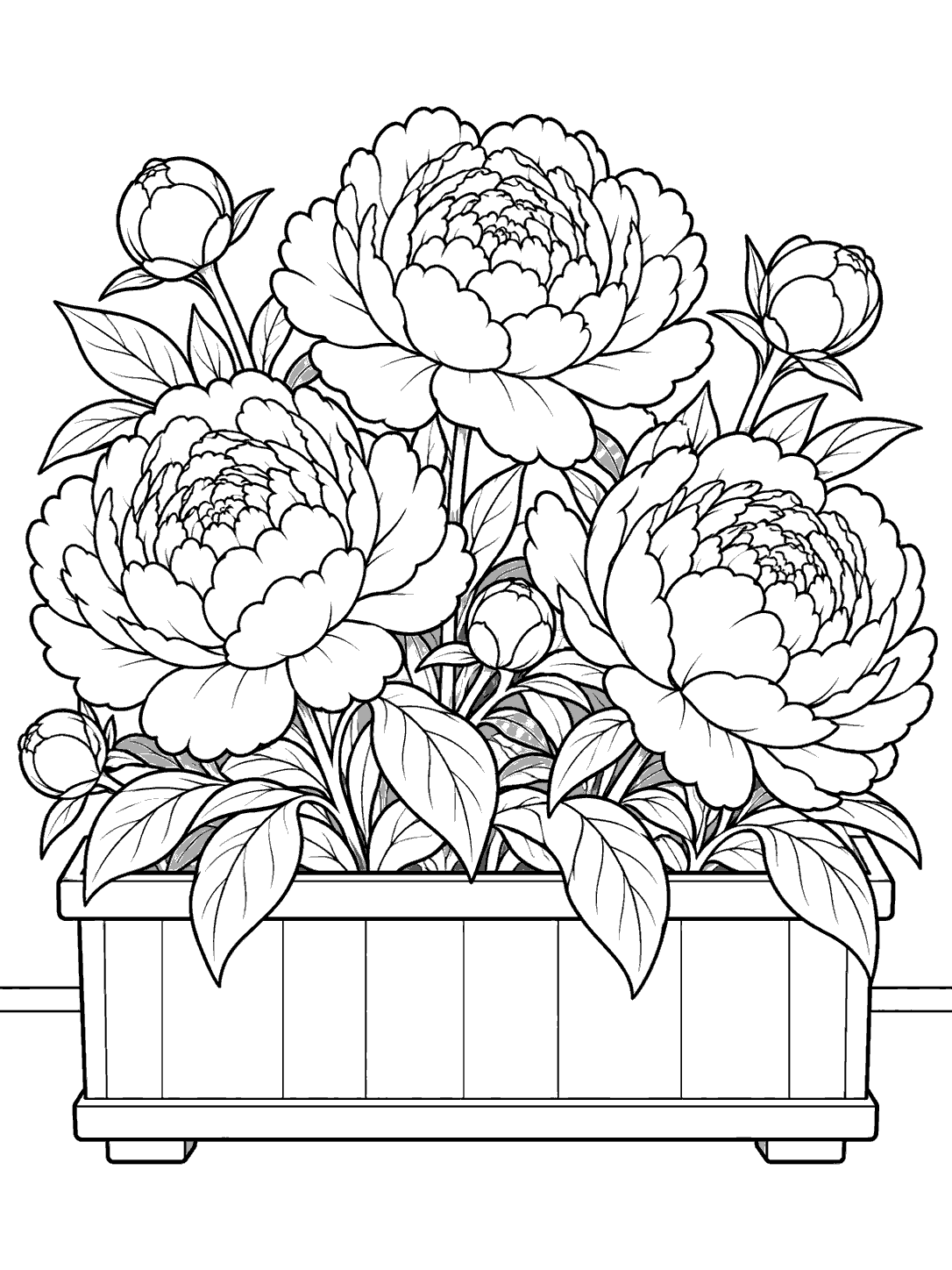 Black-and-white peony coloring page with three large blooms, buds, leaves, and a window box.