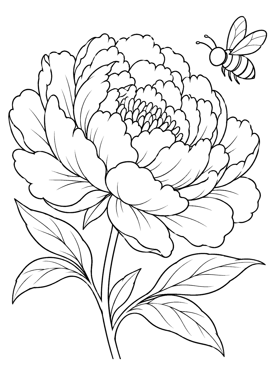 Black-line peony bloom with leaves and a nearby bee, arranged as a portrait coloring page.