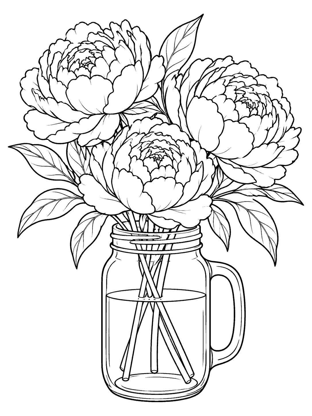 Black-and-white peony coloring page with three blooms and leaves in a handled mason jar