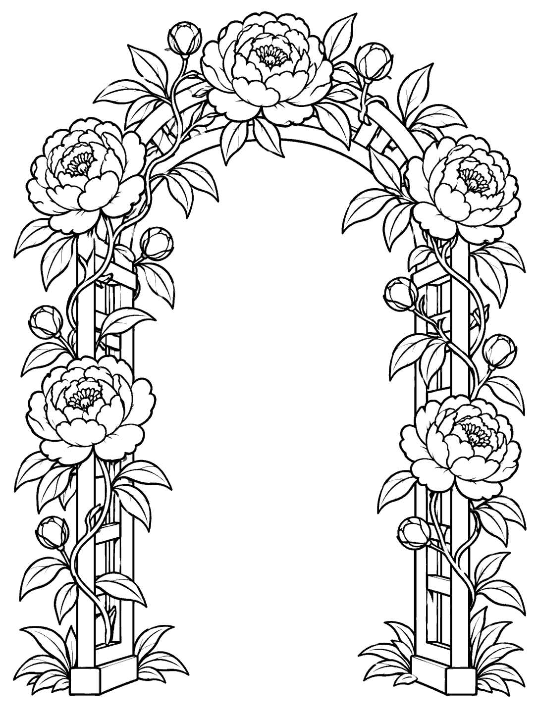 Black-outline coloring page of a freestanding garden arch with five open peonies and several buds.