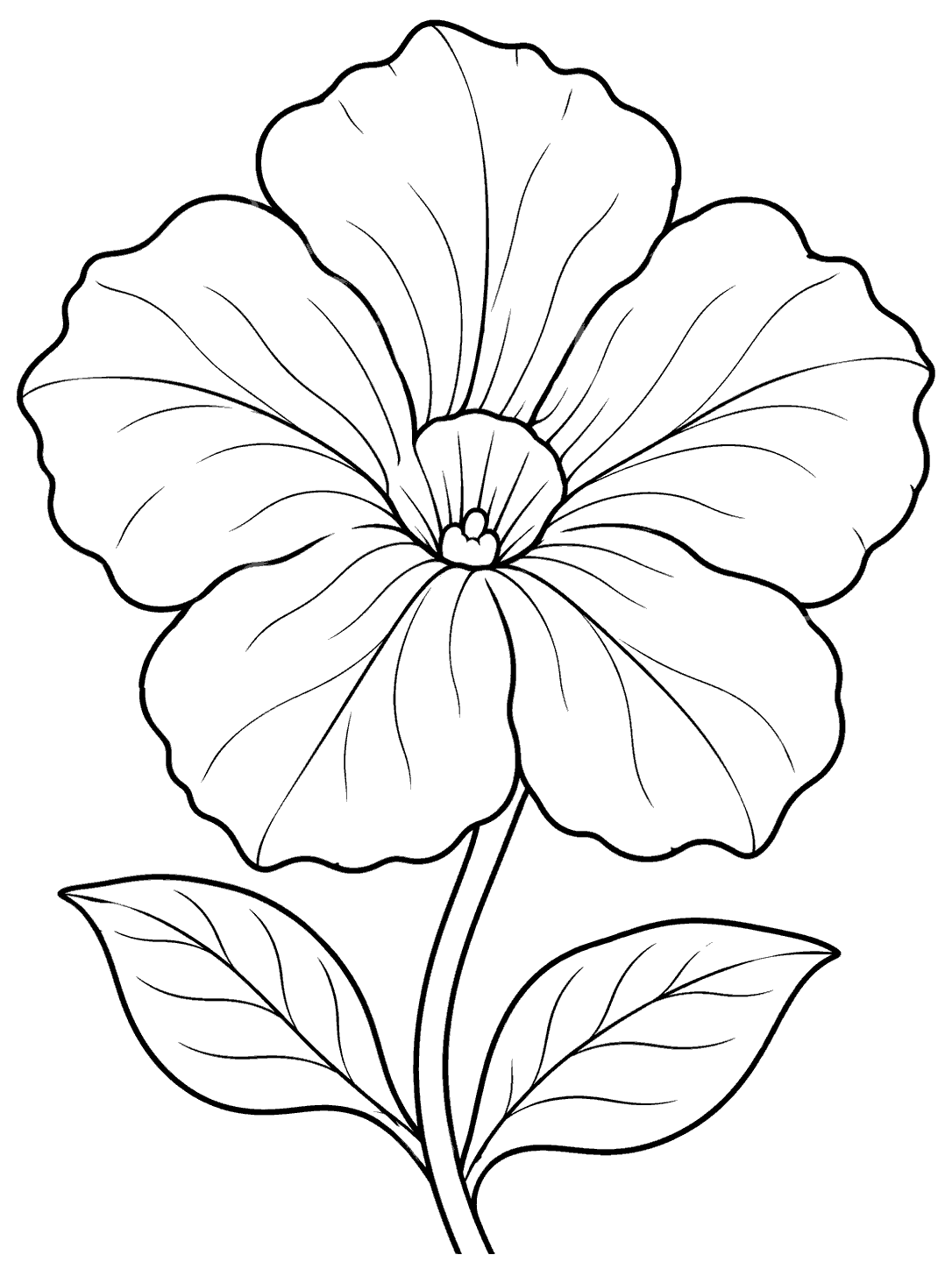 Large petunia bloom with five broad petals, a trumpet-shaped center, curved stem, and two leaves in black outline.