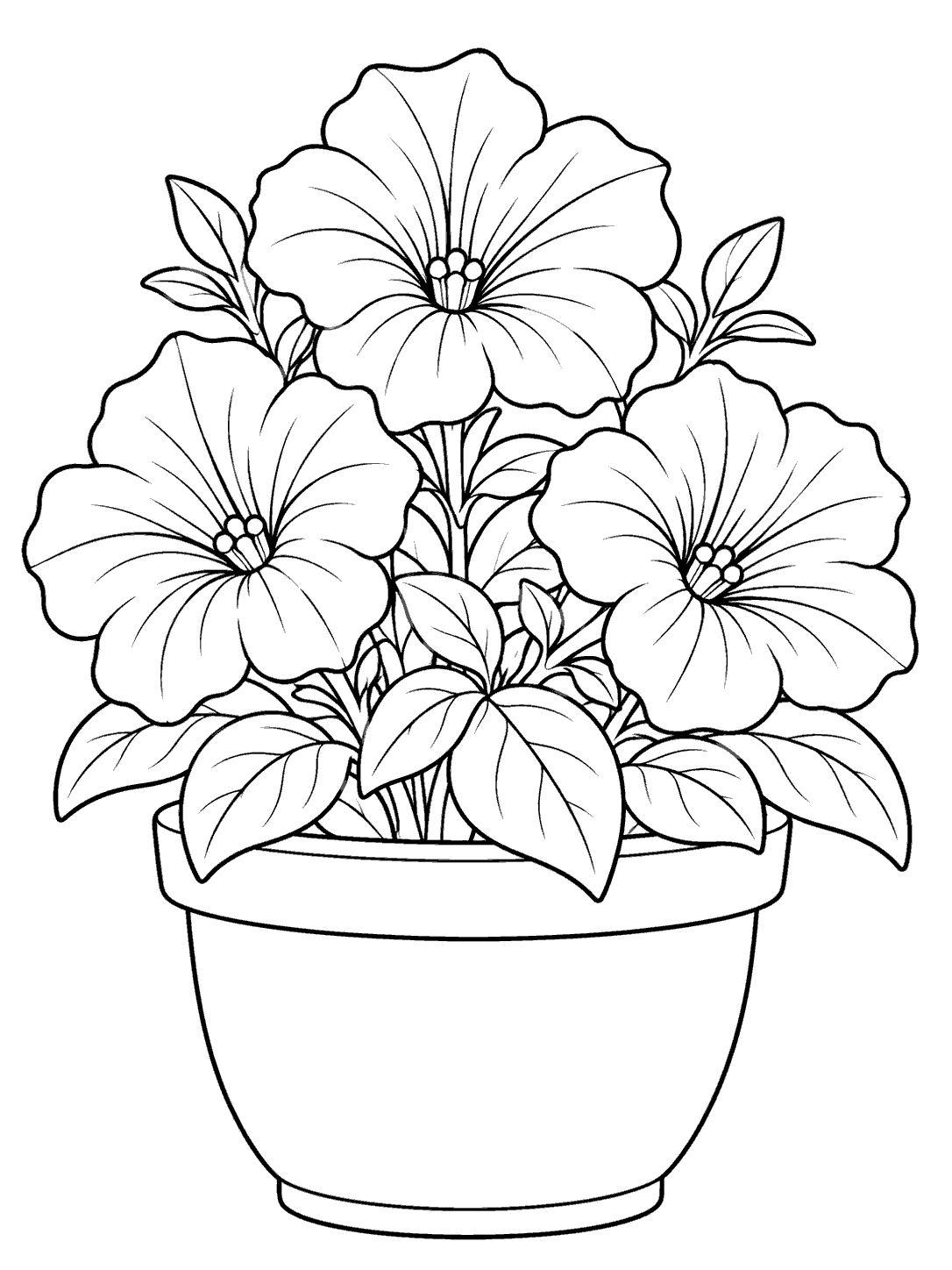 Black outline coloring page of three large petunia blooms, broad leaves, and a rounded ceramic pot.