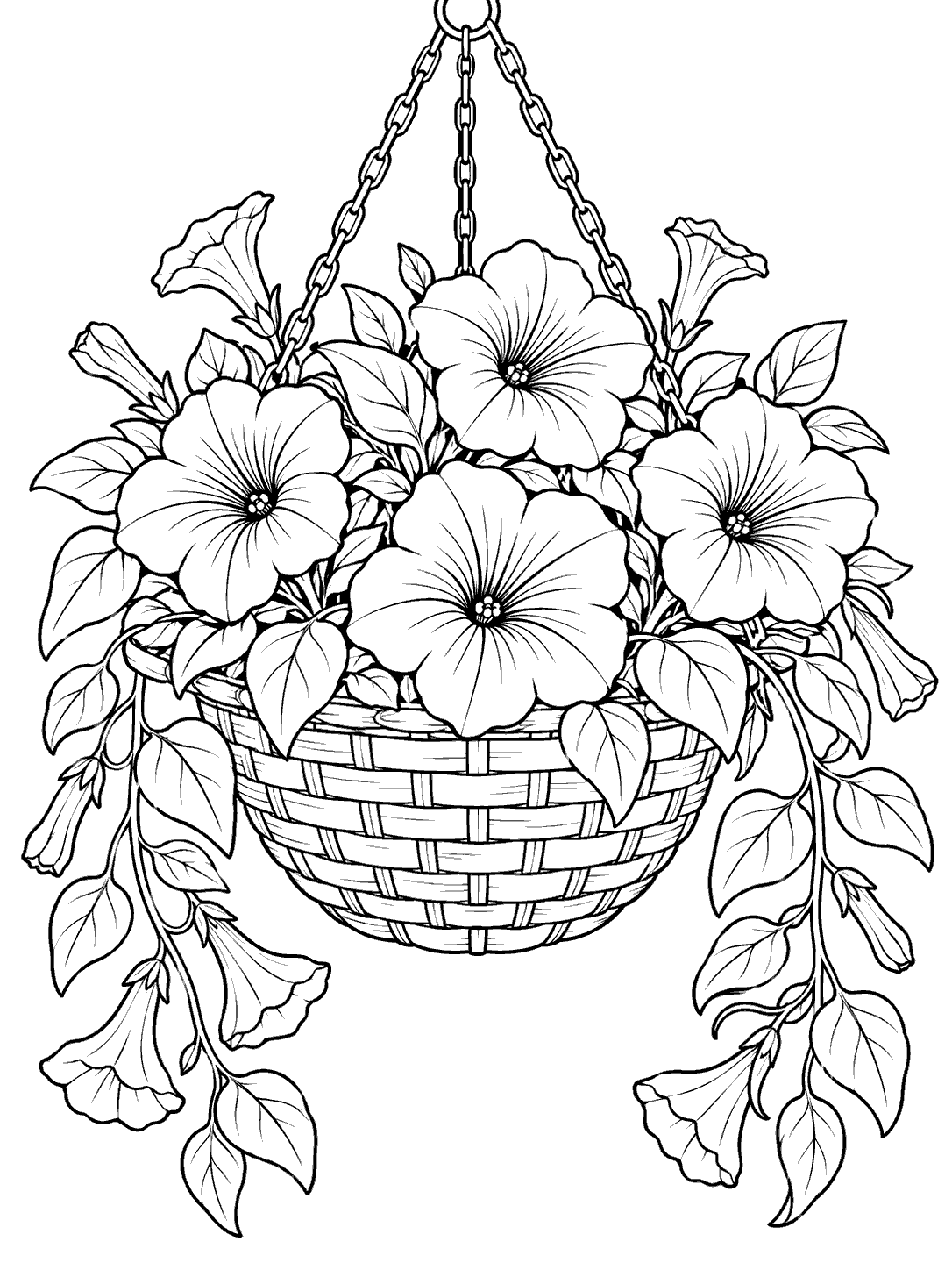 A woven hanging basket with large petunia blooms, three chains, and leafy trailing stems.