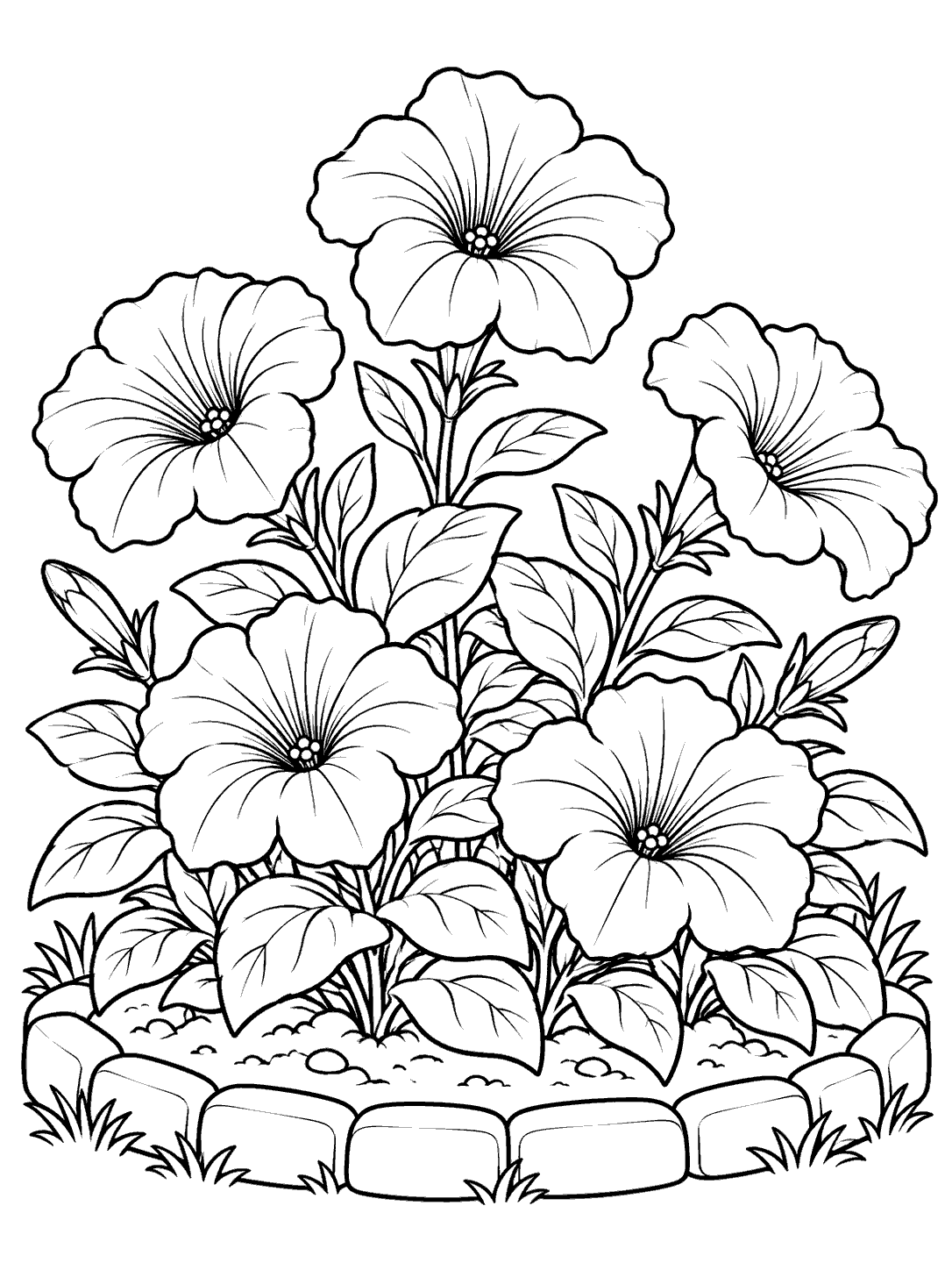Five large petunia blooms rise among broad leaves in a garden bed with a curved stone border.