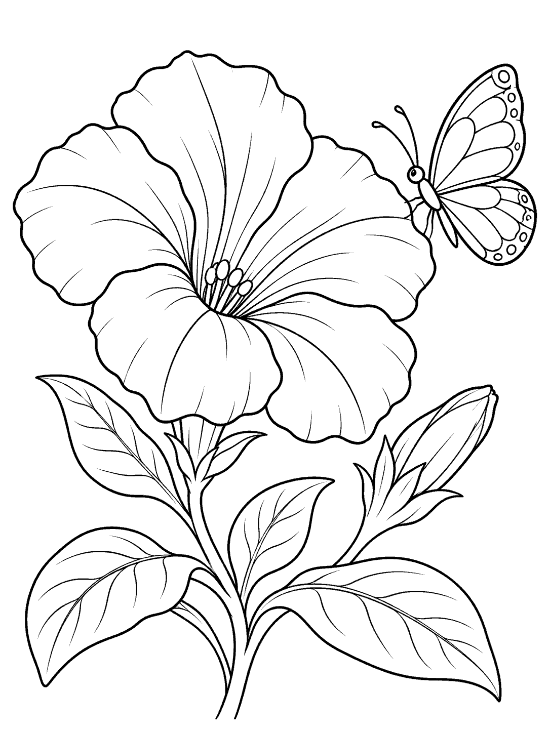 Large outlined petunia bloom on a leafy stem with one butterfly beside its petals