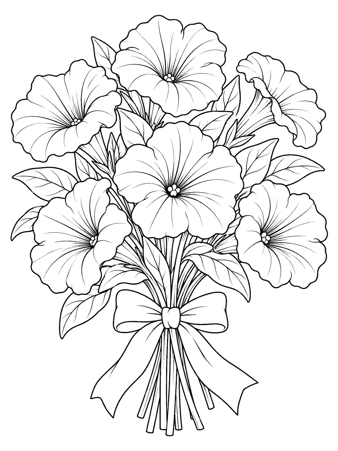 Black ink coloring page of seven petunia blooms with broad leaves, gathered with a ribbon bow