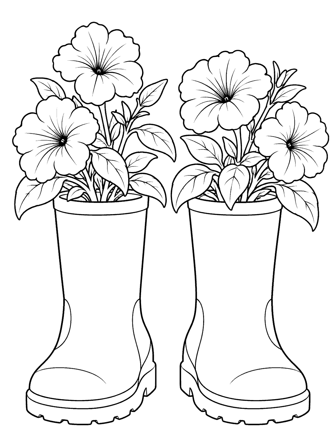 Two rain boots filled with leafy petunia plants and large trumpet shaped blooms, drawn in black outline on white.