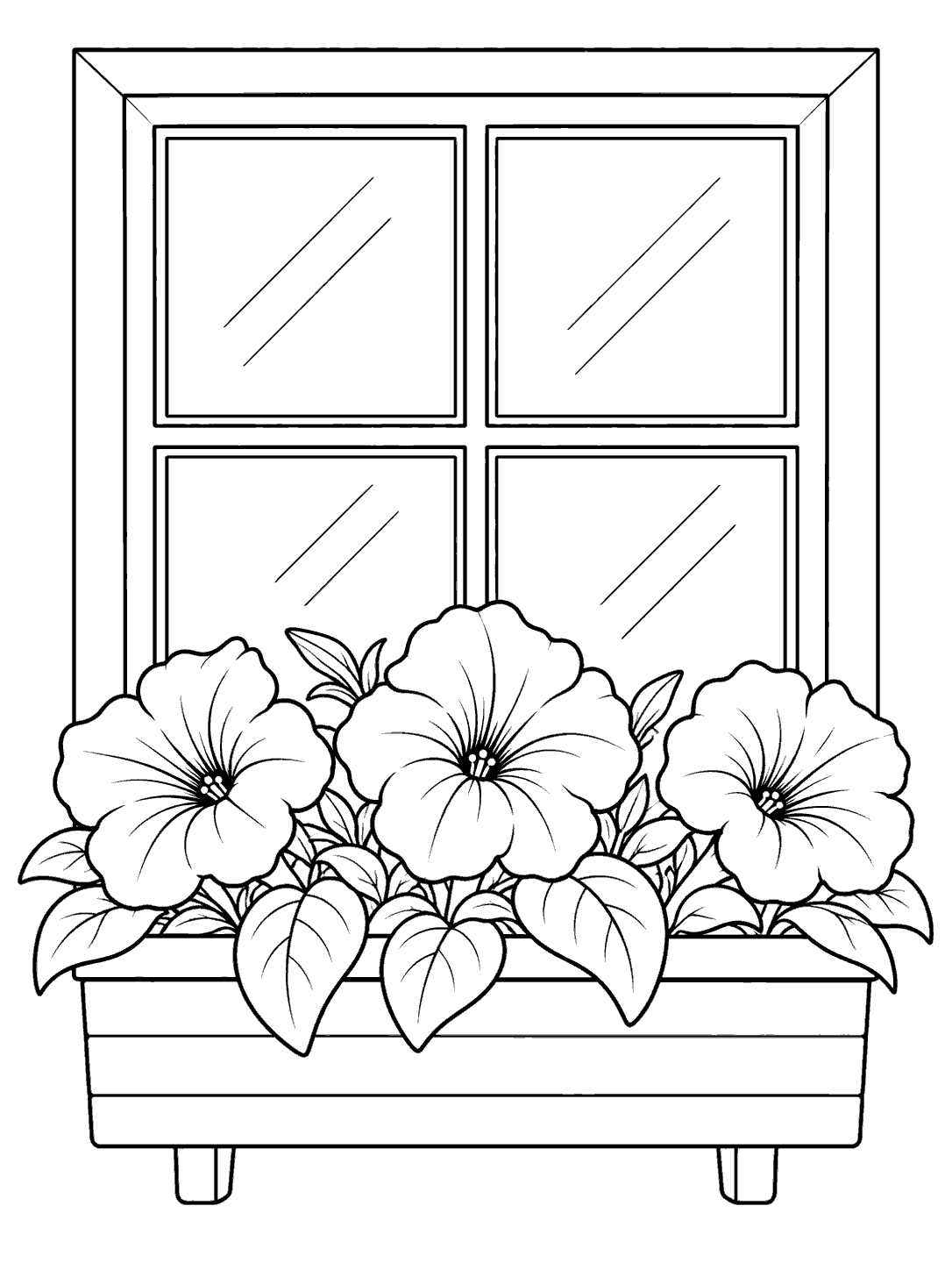Black ink coloring page showing three petunia blooms and broad leaves in a flower box beneath a four-pane window