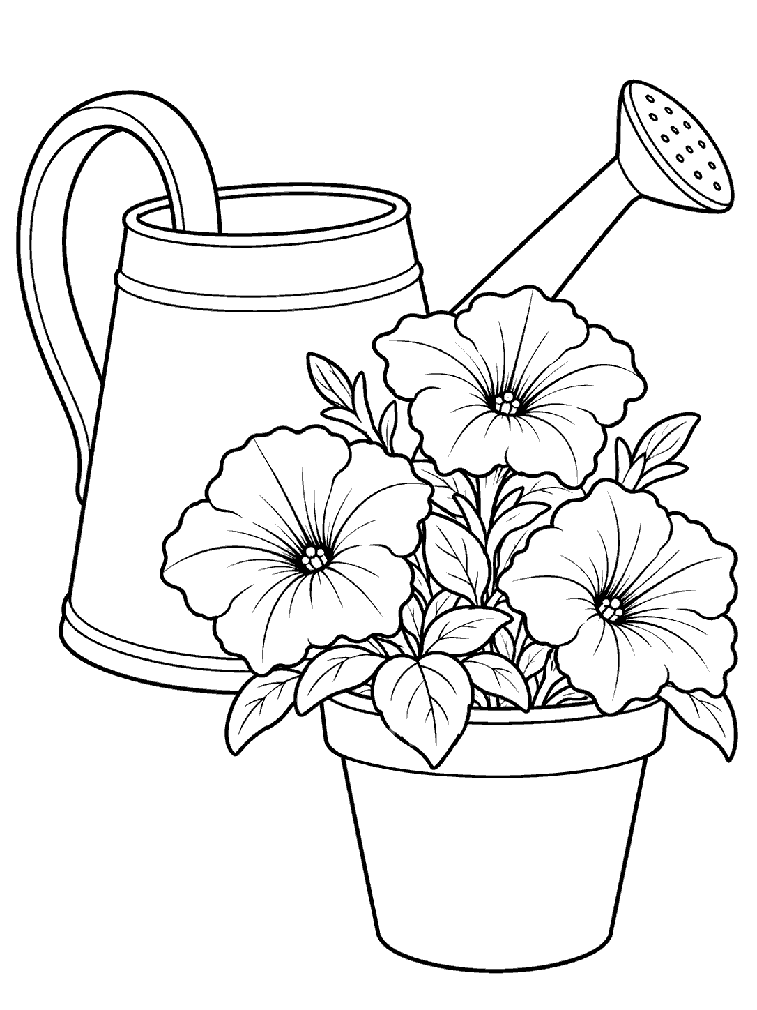 Black outline coloring page showing a large watering can beside a potted petunia with three flowers.