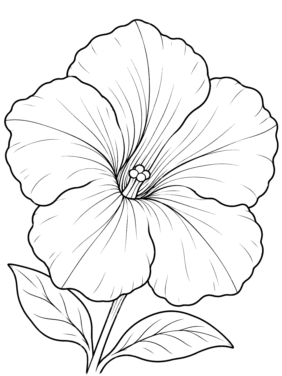 Close-up petunia flower with broad overlapping petals, a visible center, short stem, and two leaves